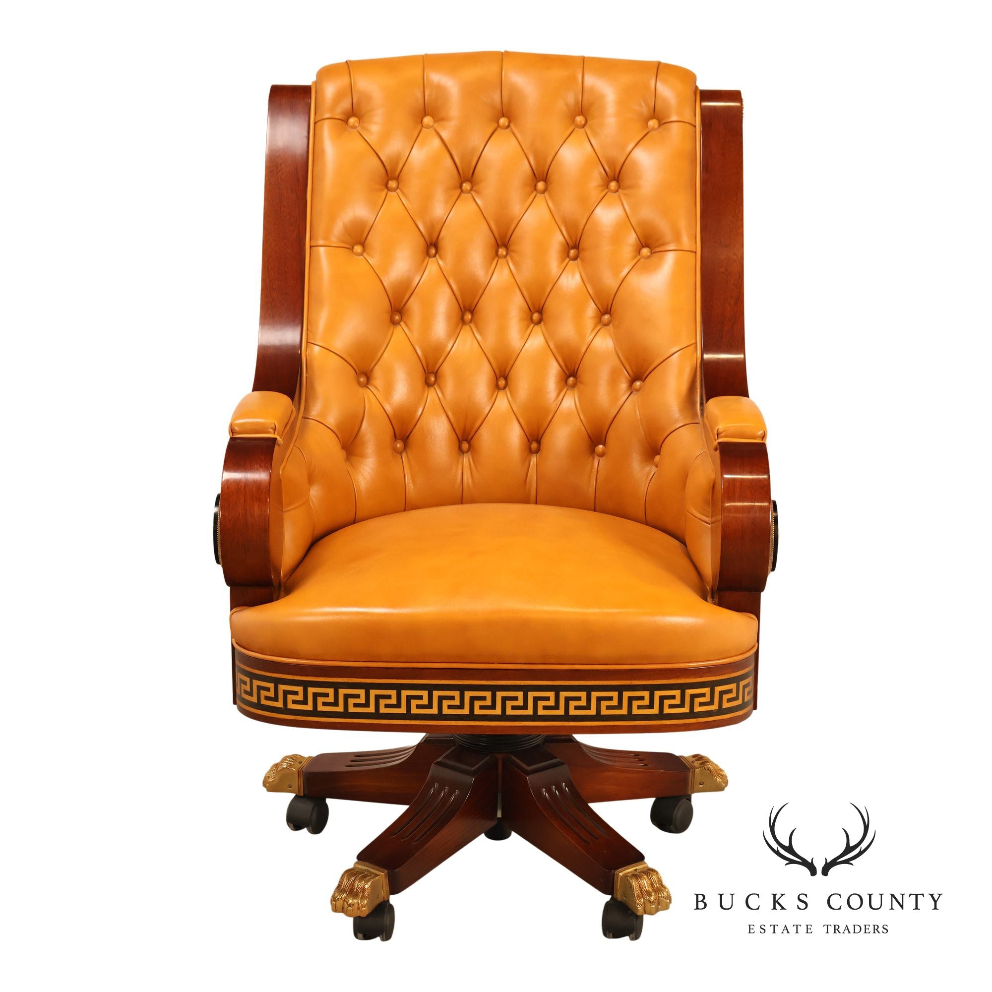 Mariner Leather Swivel Office Chair With Tufted Back And Carved Mahogany Base