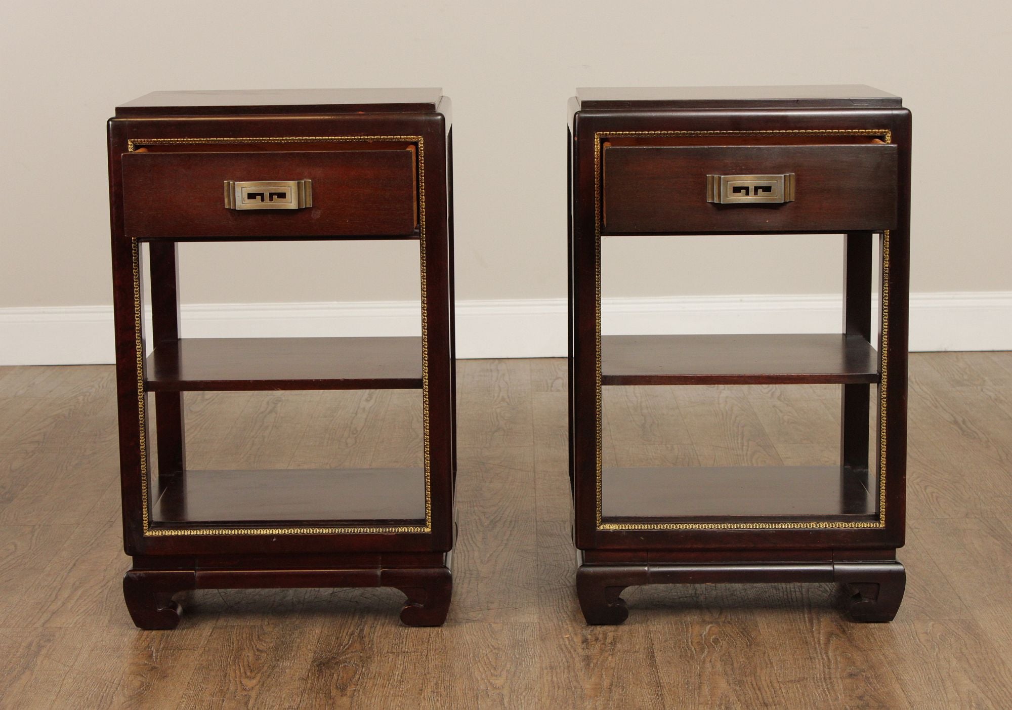 Rway Mid-Century Asian Style Pair of Mahogany Nightstands