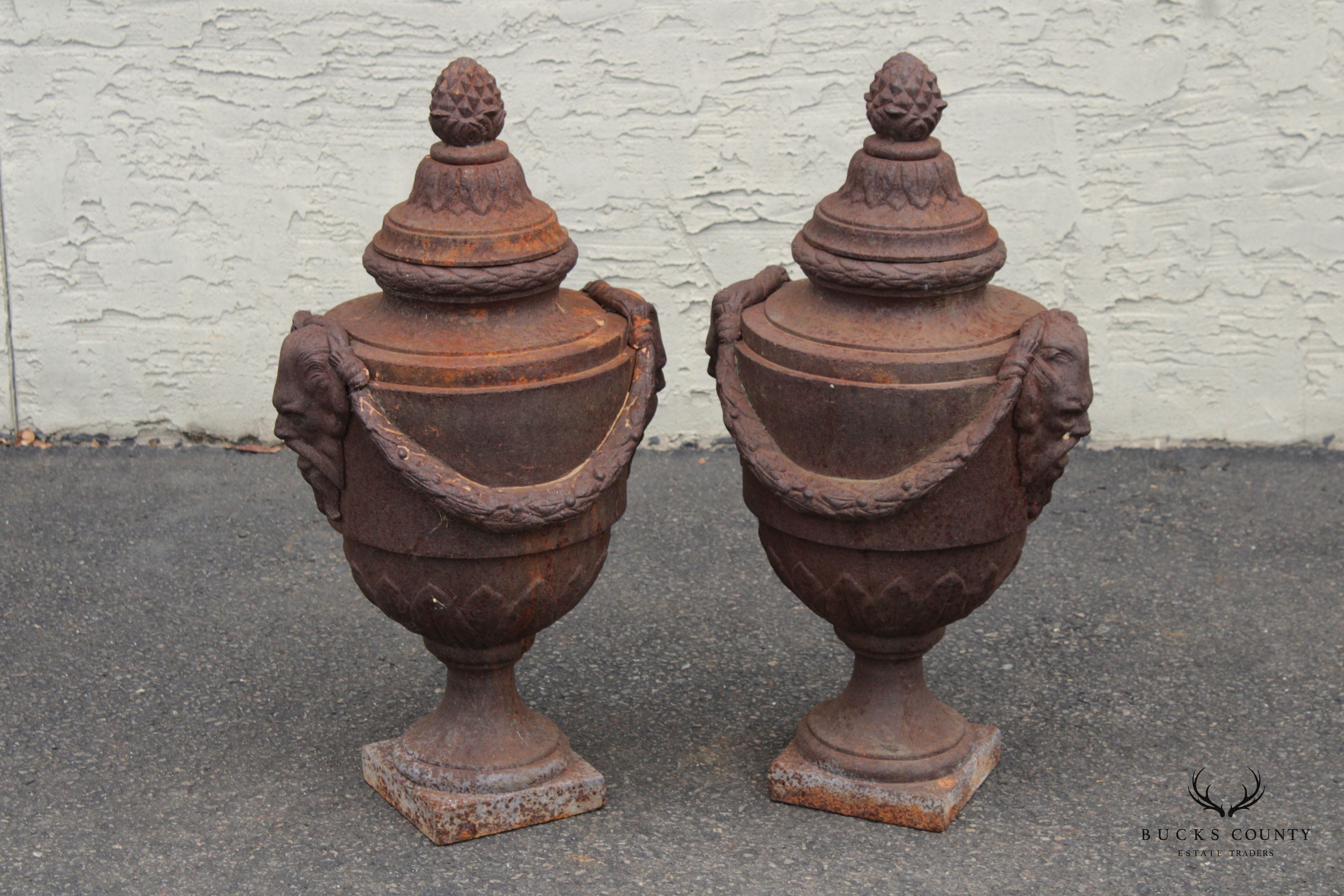 Classical Style Pair of Cast Iron Outdoor Garden Urns
