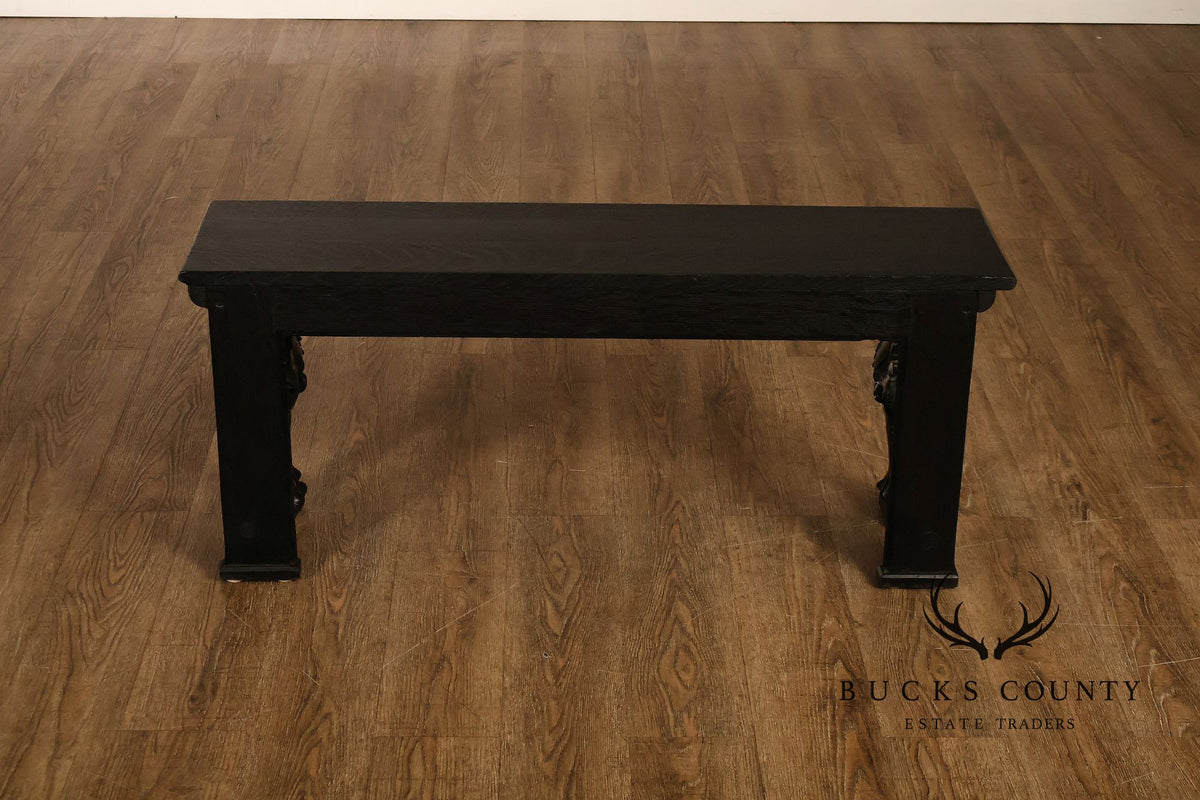 Antique Renaissance Revival Ebonized Oak Carved Griffin Bench