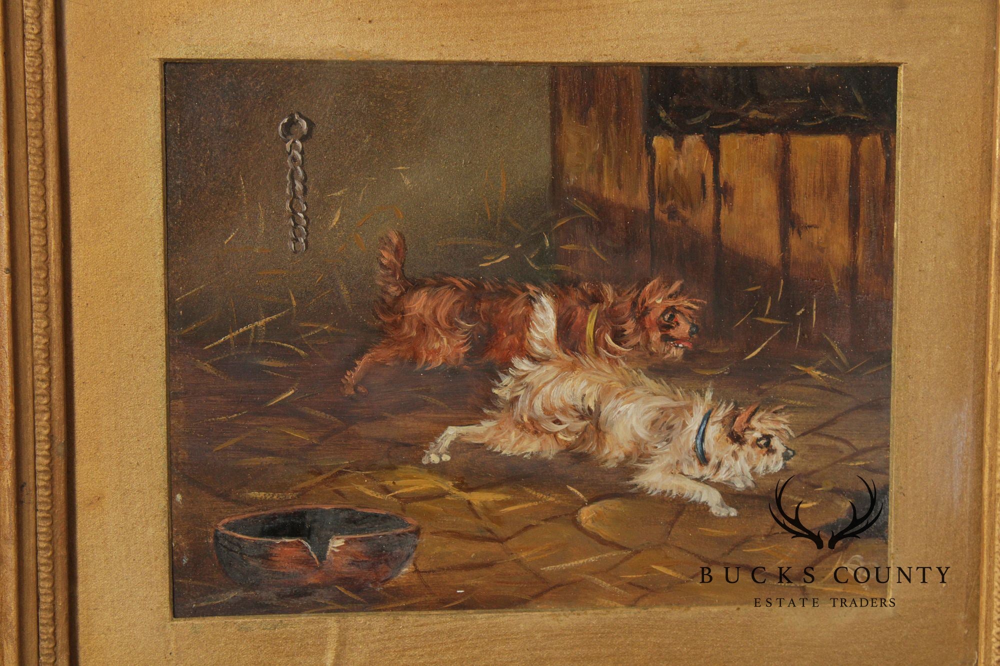 Antique English School Oil Painting, Dogs in Barn