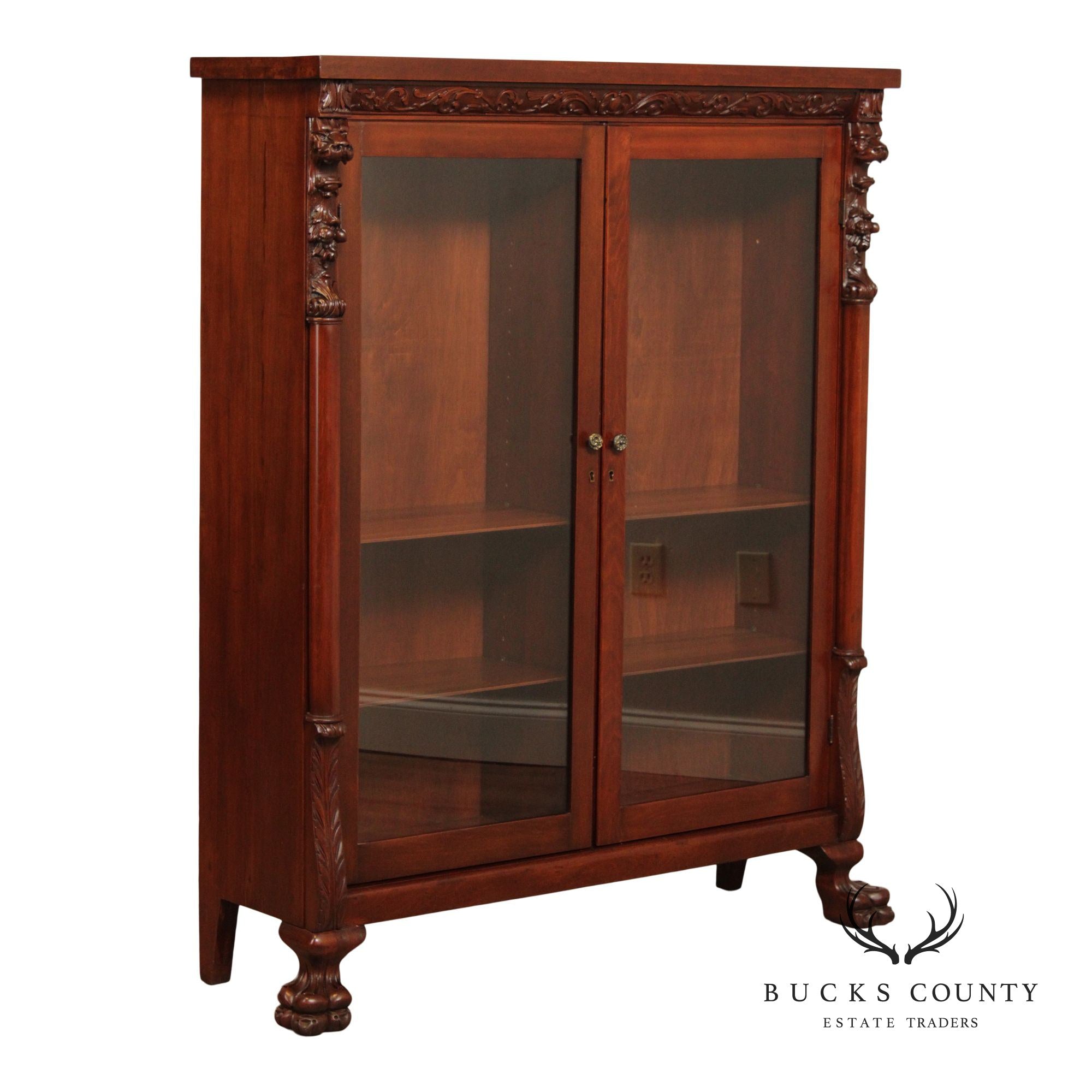 Victorian Style Carved Mahogany Glass Door Bookcase