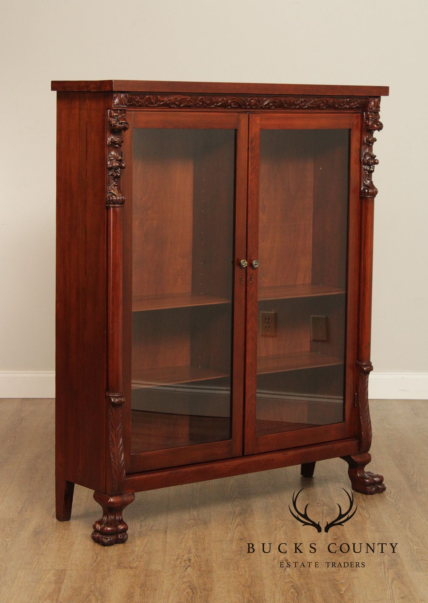 Victorian Style Carved Mahogany Glass Door Bookcase