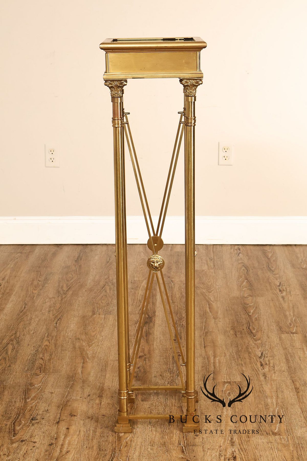 Vintage Neoclassical Style Heavy Brass Pedestal Plant Stand With Lion Medallions