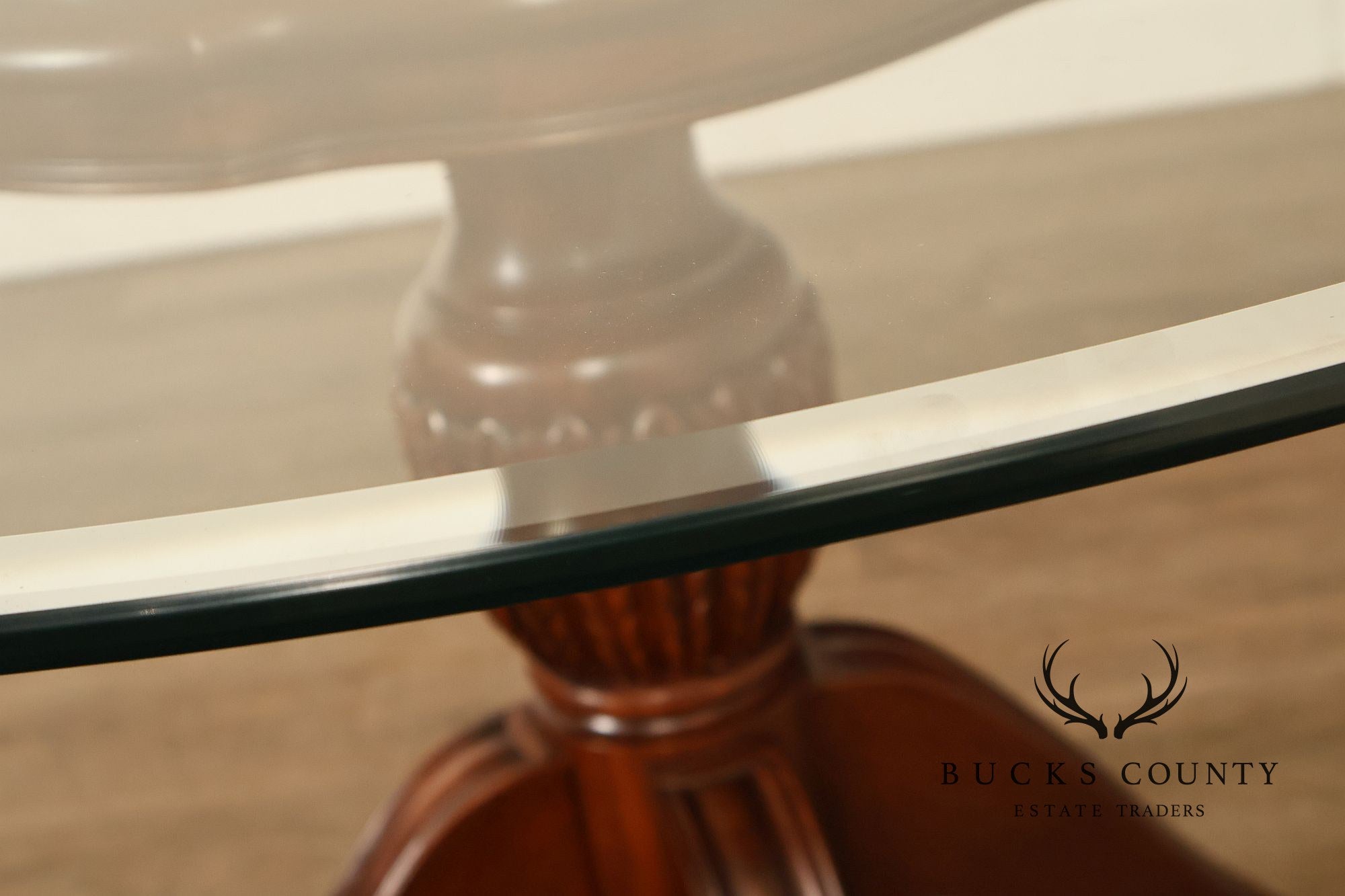 Lexington Furniture Round Glass Top Carved Mahogany Pedestal Table with Center Medallion