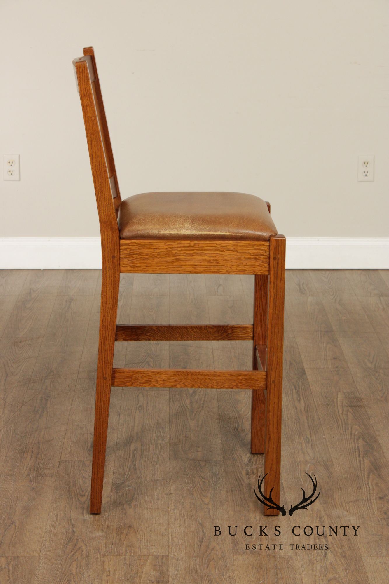 Stickley Mission Collection Set of Three Oak Slat Back Bar Stools