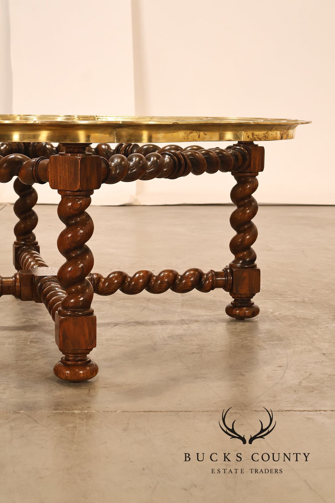 Baker Vintage Oak Barley Twist Scalloped Brass And Glass Top Coffee Table