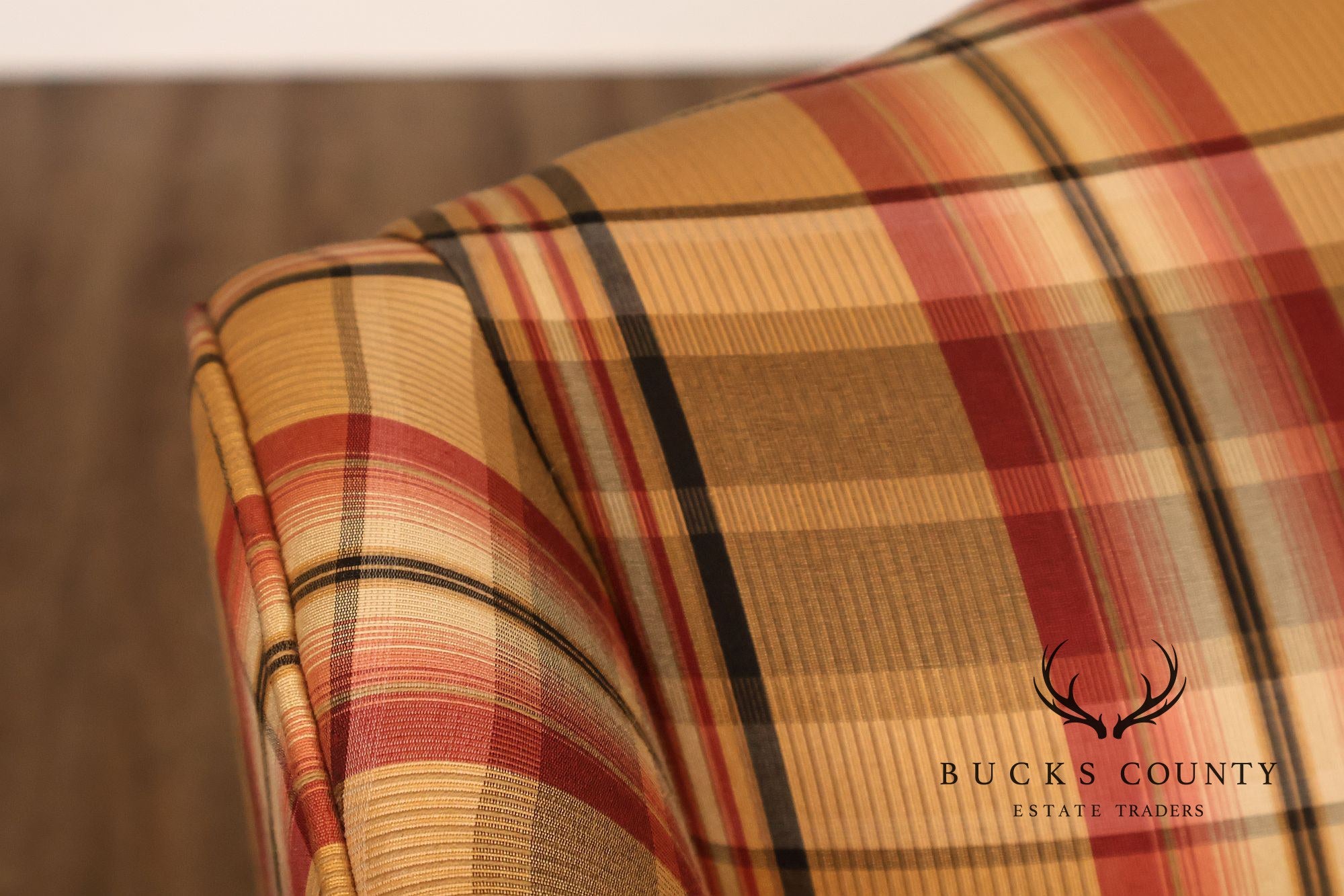 Ethan Allen Chippendale Style Plaid Upholstered Wing Chair