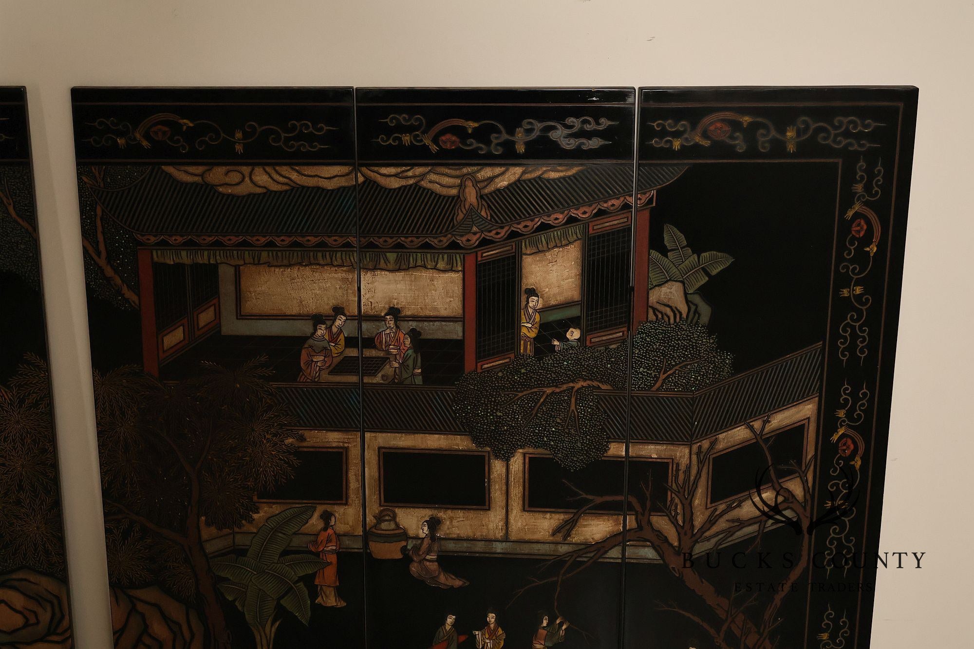 Asian Style Black Vintage Lacquer Six Panel Folding Screen