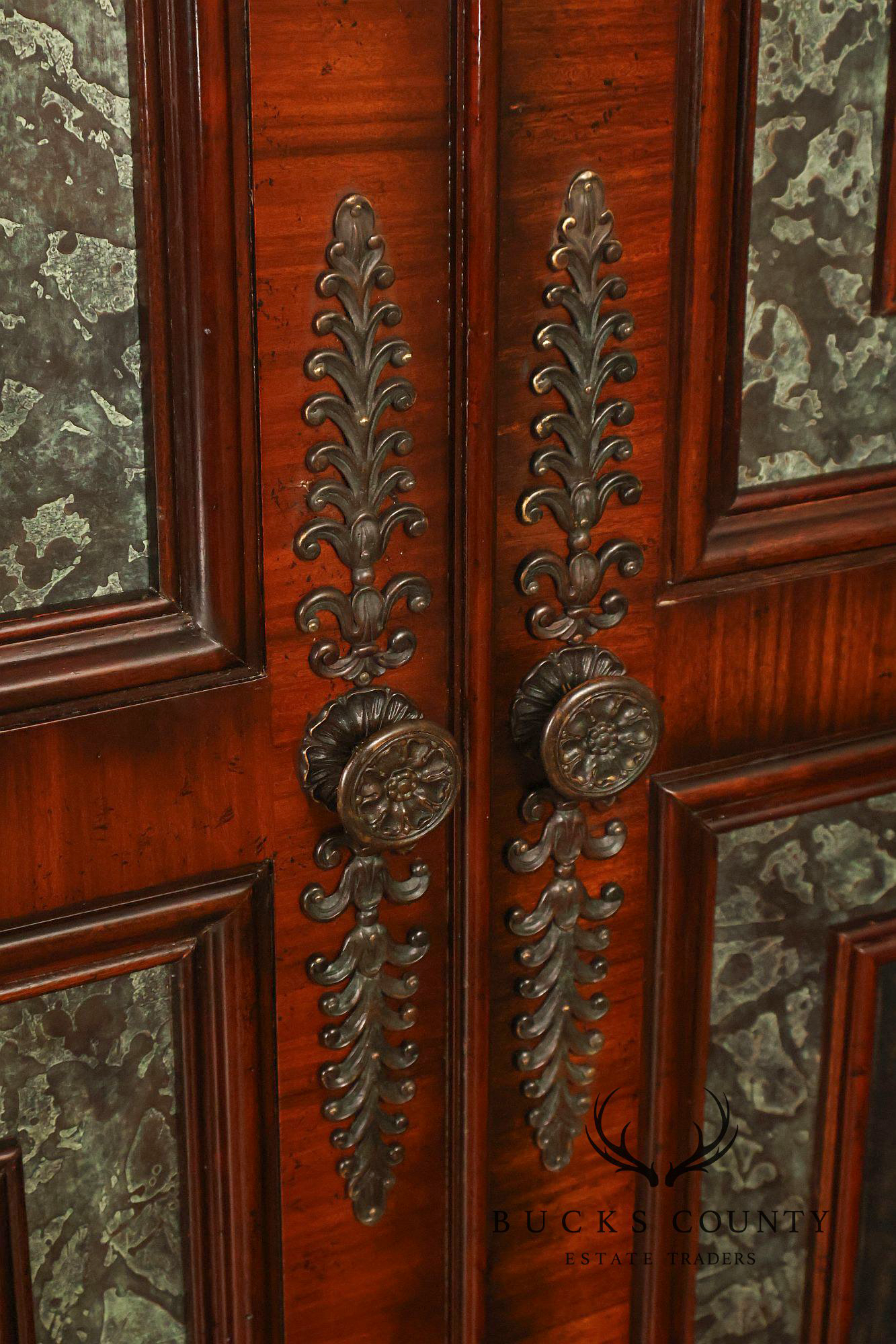 Maitland-Smith Large Mahogany Armoire Cabinet With Bronze Scrollwork Finials And Raised Panel Doors
