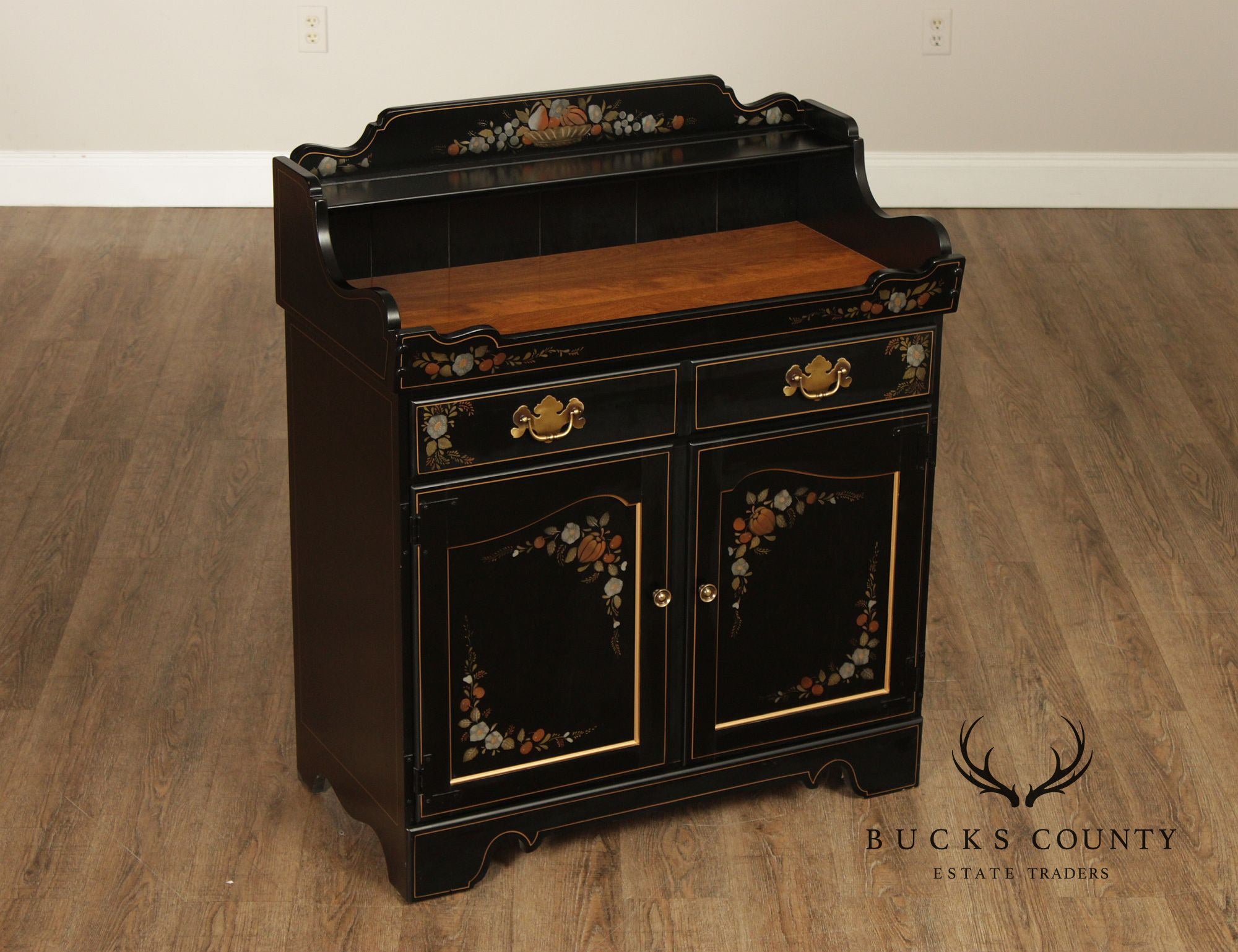 Ethan Allen Hitchcock Style Hand Painted Black Lacquer Dry Sink
