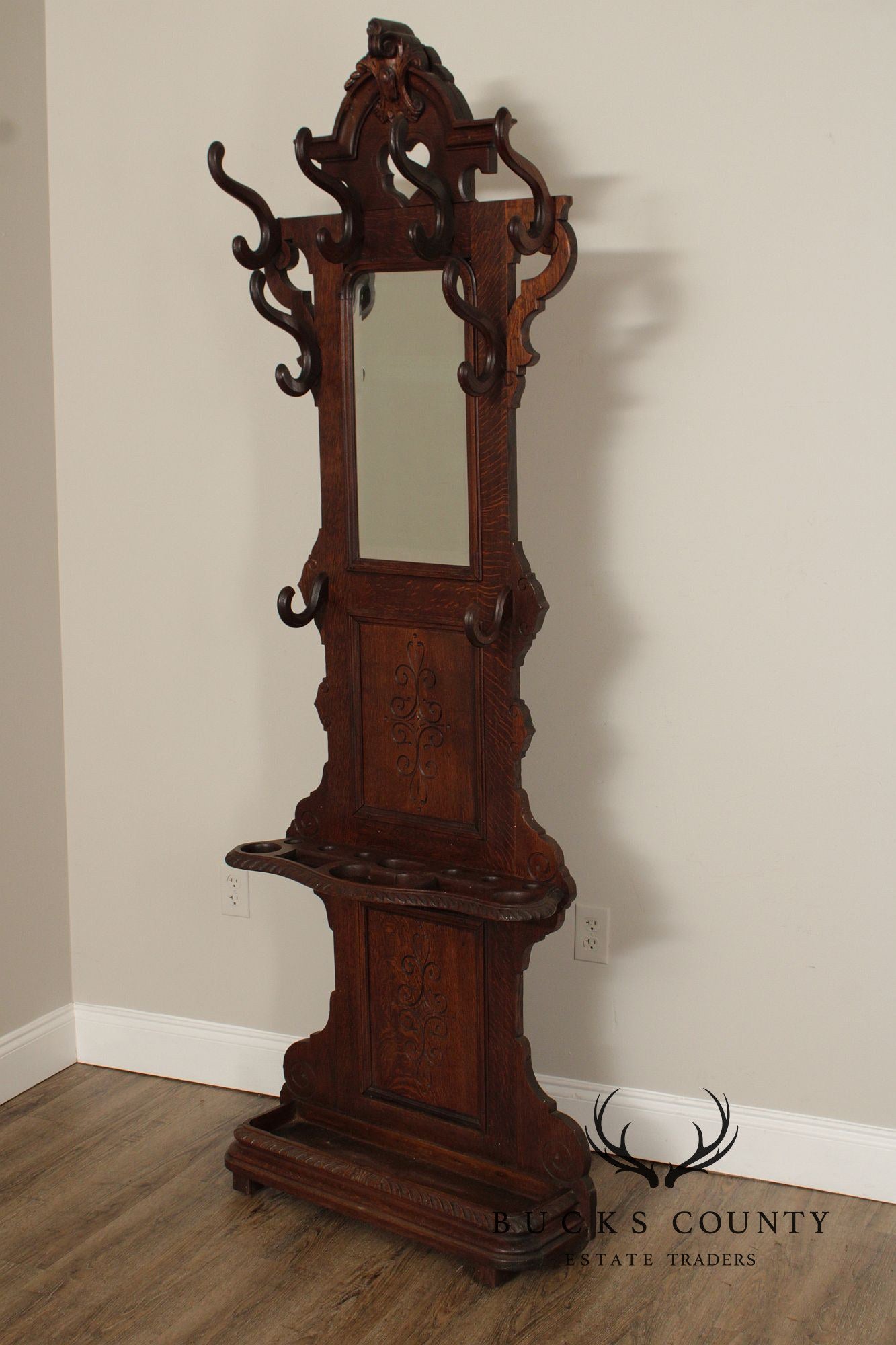 Antique Victorian Carved Oak Hall Tree With Mirror