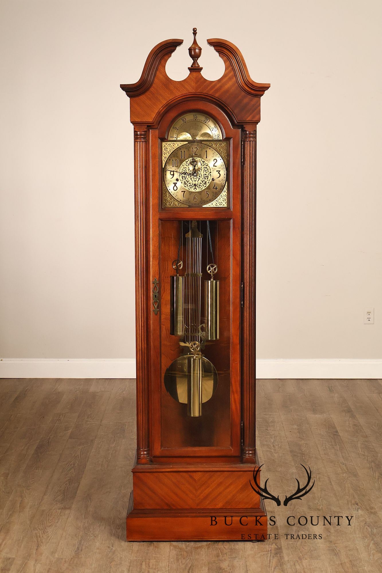 Howard Miller Mahogany Grandfather Clock With Brass Dial And Weights