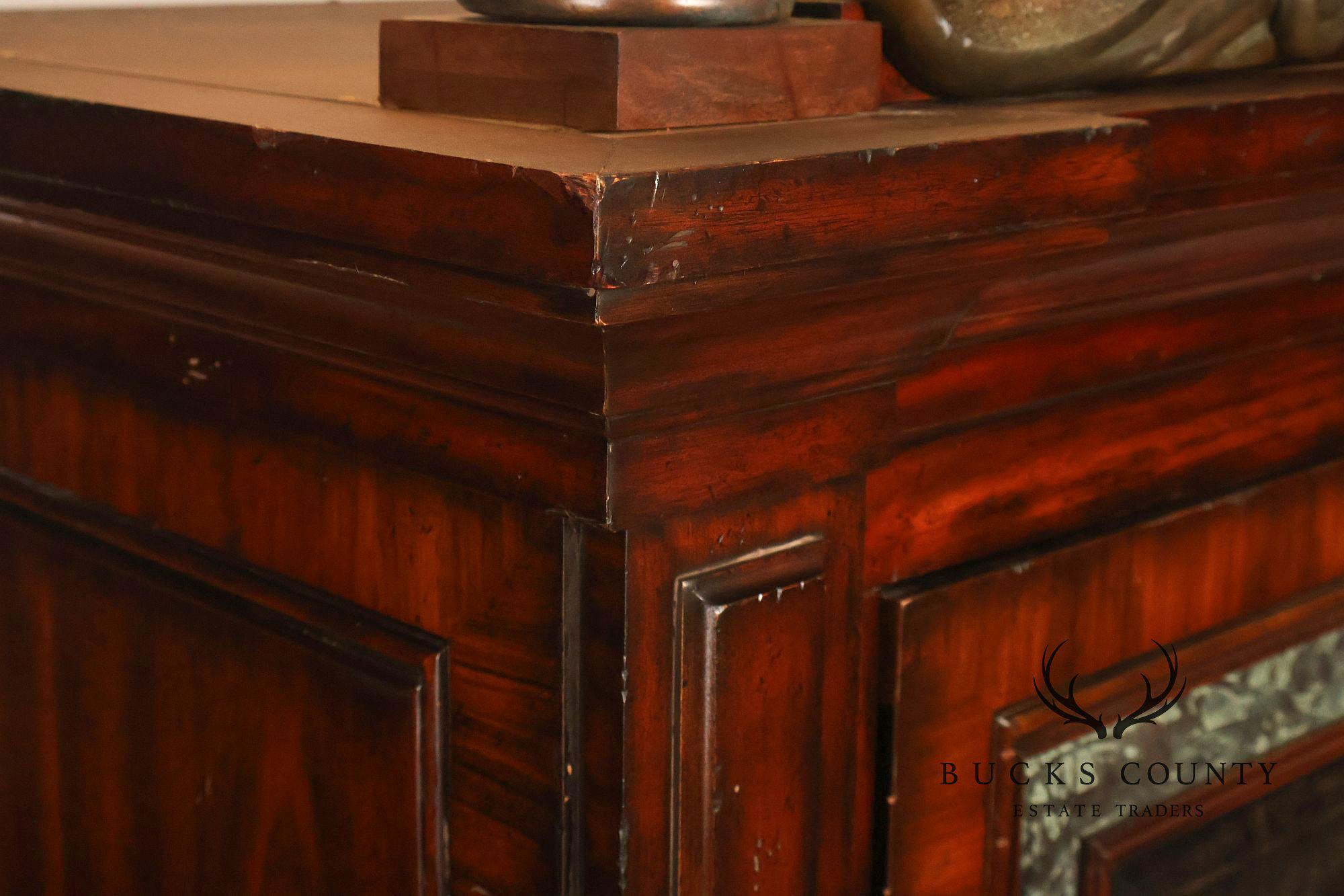 Maitland-Smith Large Mahogany Armoire Cabinet With Bronze Scrollwork Finials And Raised Panel Doors