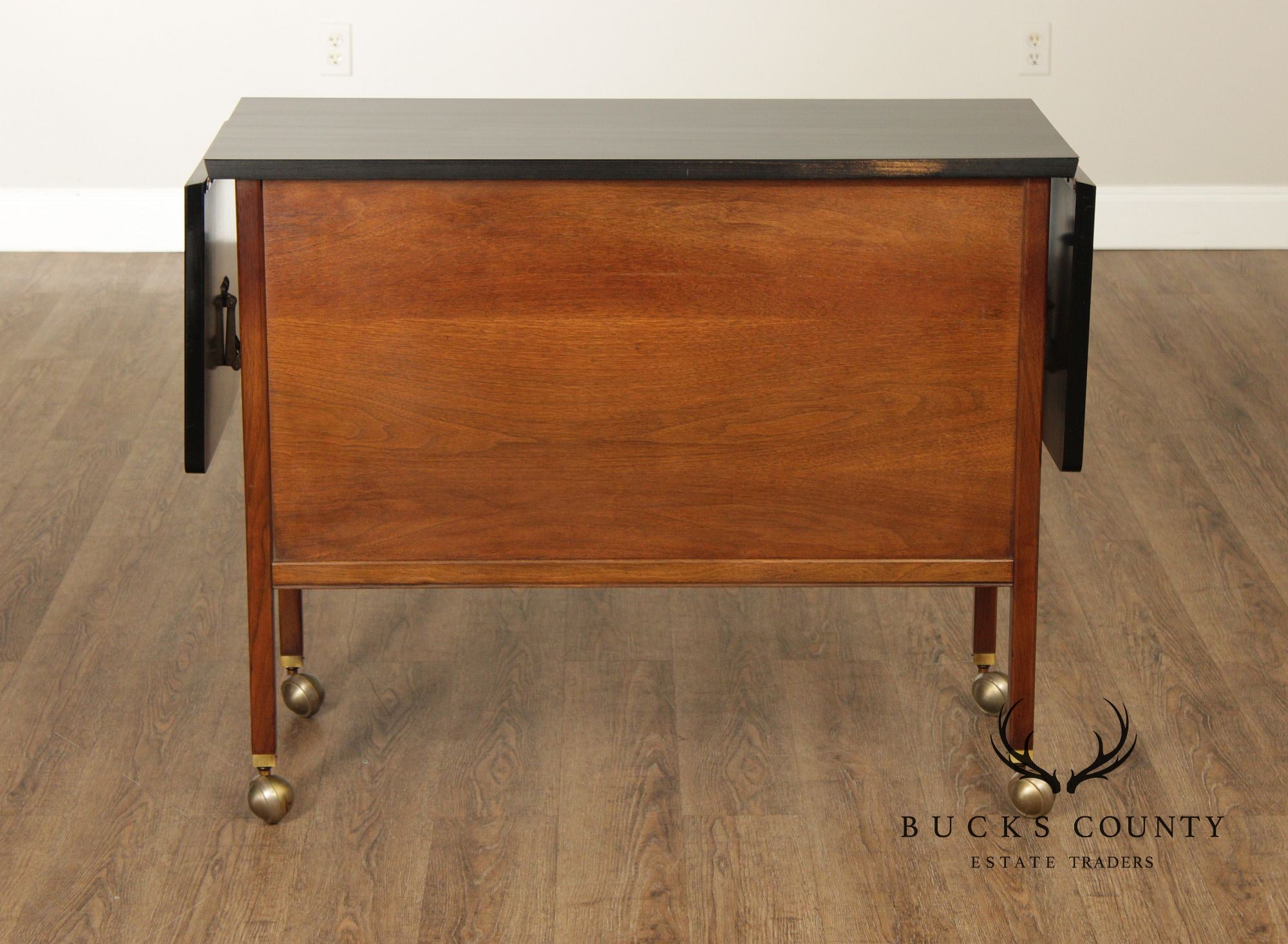 American Of Martinsville Mid Century Walnut And Rosewood Drop Leaf Bar Cart