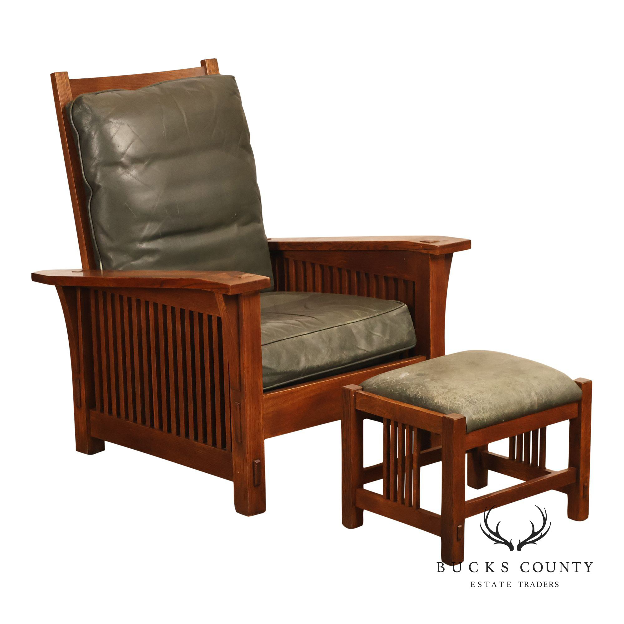 Stickley Mission Collection Oak Bent Arm Morris Chair and Ottoman