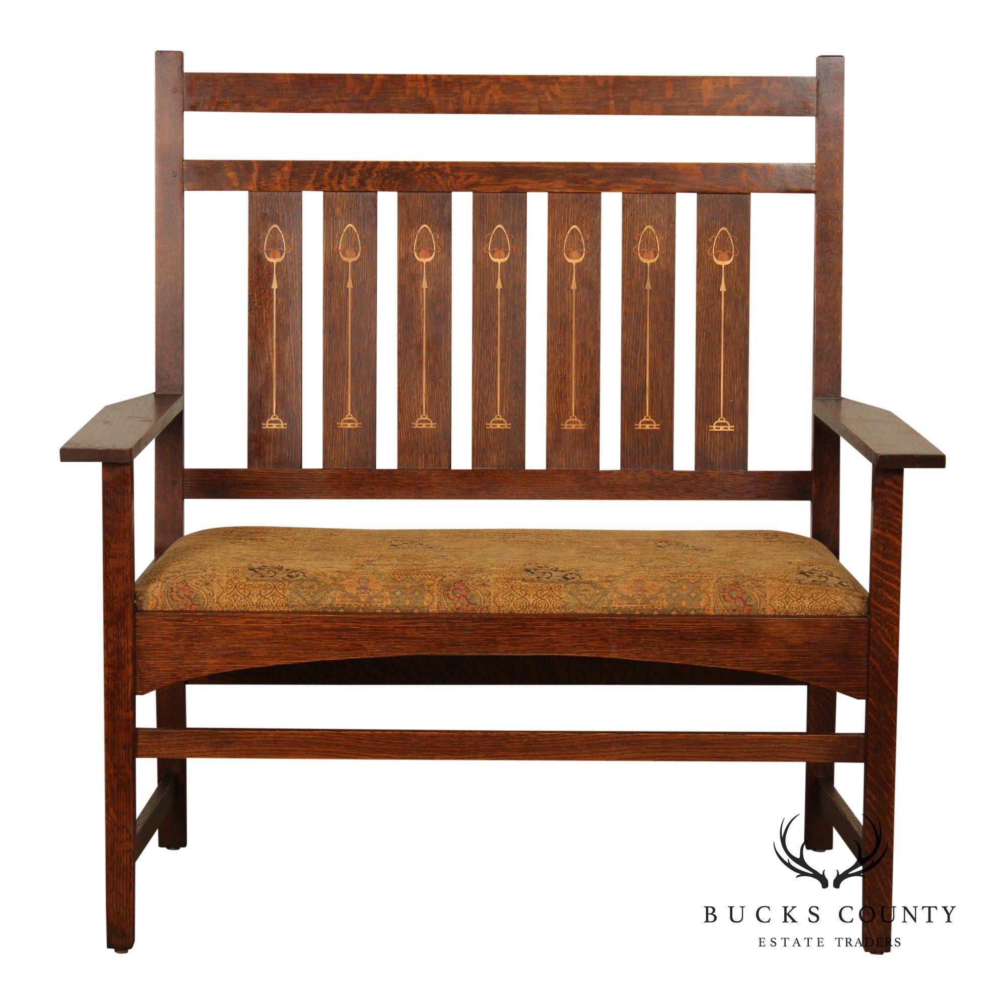 Stickley Mission Collection Harvey Ellis Inlaid Oak Settee