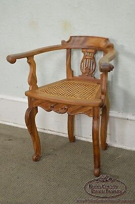 Anglo Indian Solid Padauk Wood Carved Lyre Back Cane Seat Arm Chair