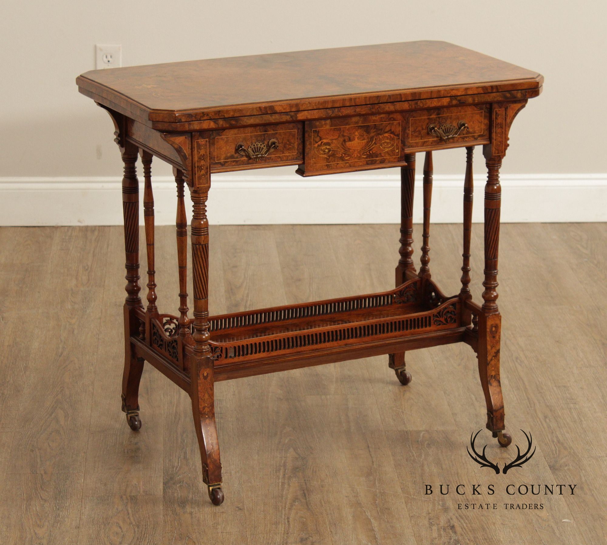 Antique English Burl Walnut Inlaid Games Table