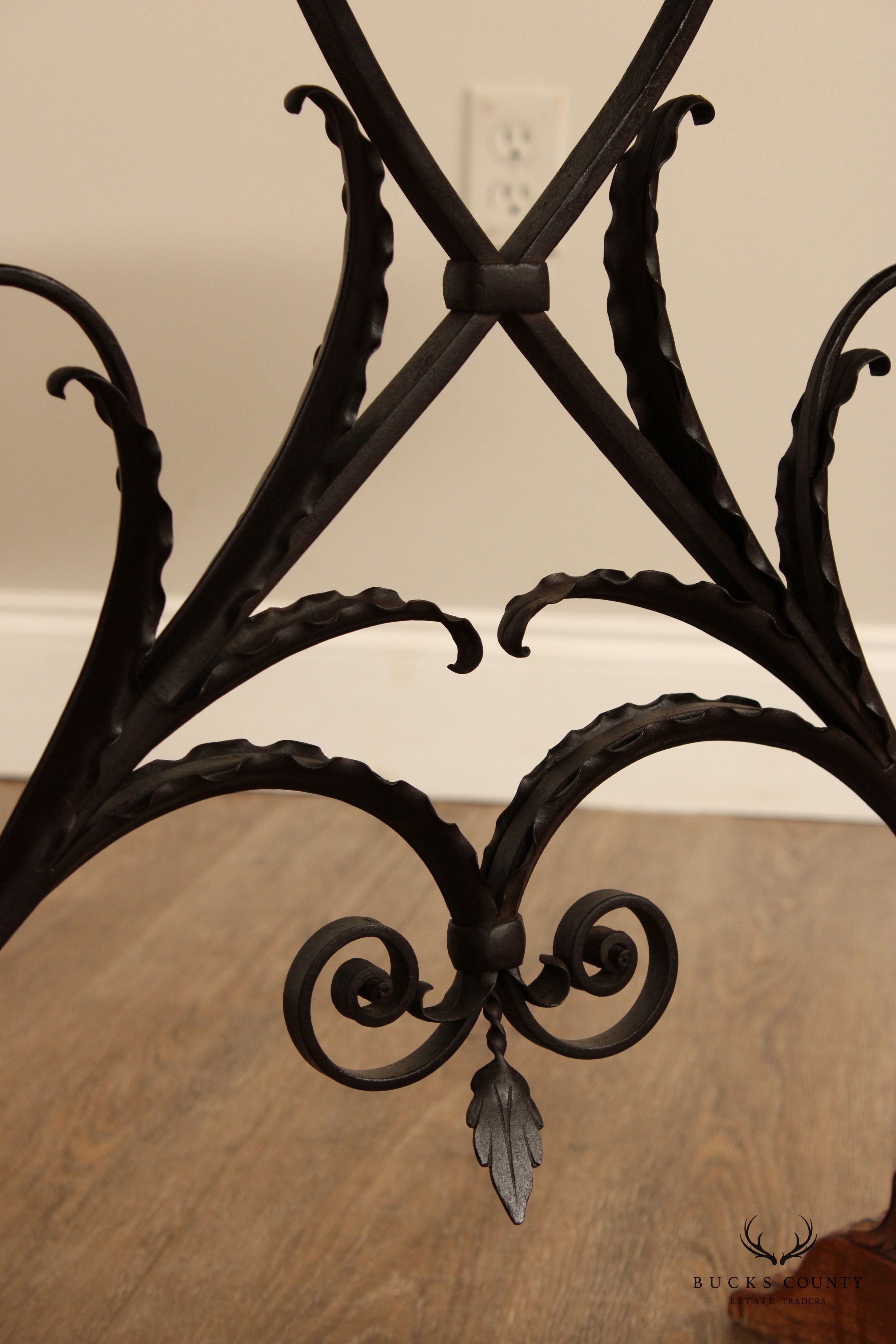 Antique Spanish Revival Carved Oak And Forged Iron Trestle Side Table