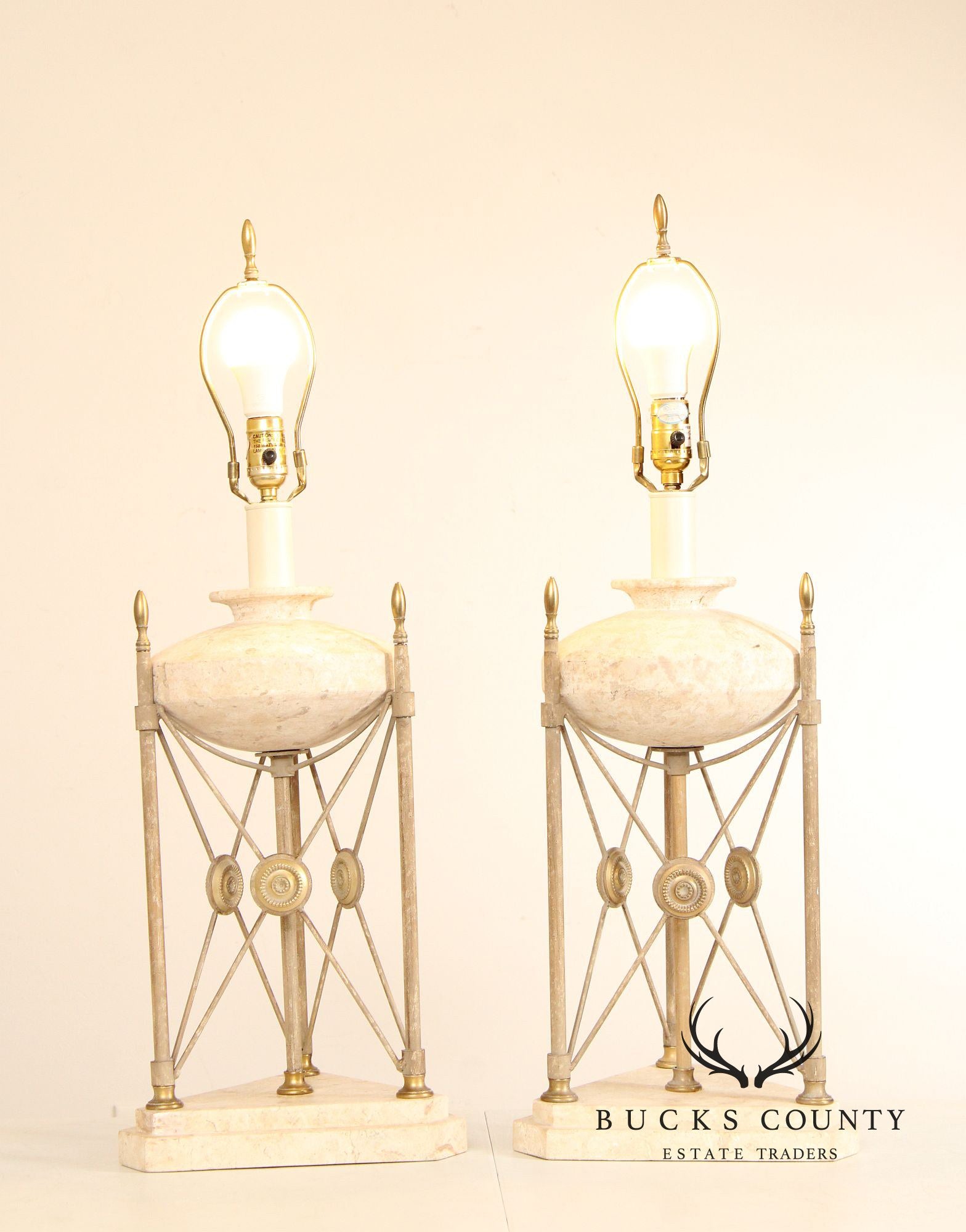 Neoclassical Style Vintage Pair of Travertine Table Lamps