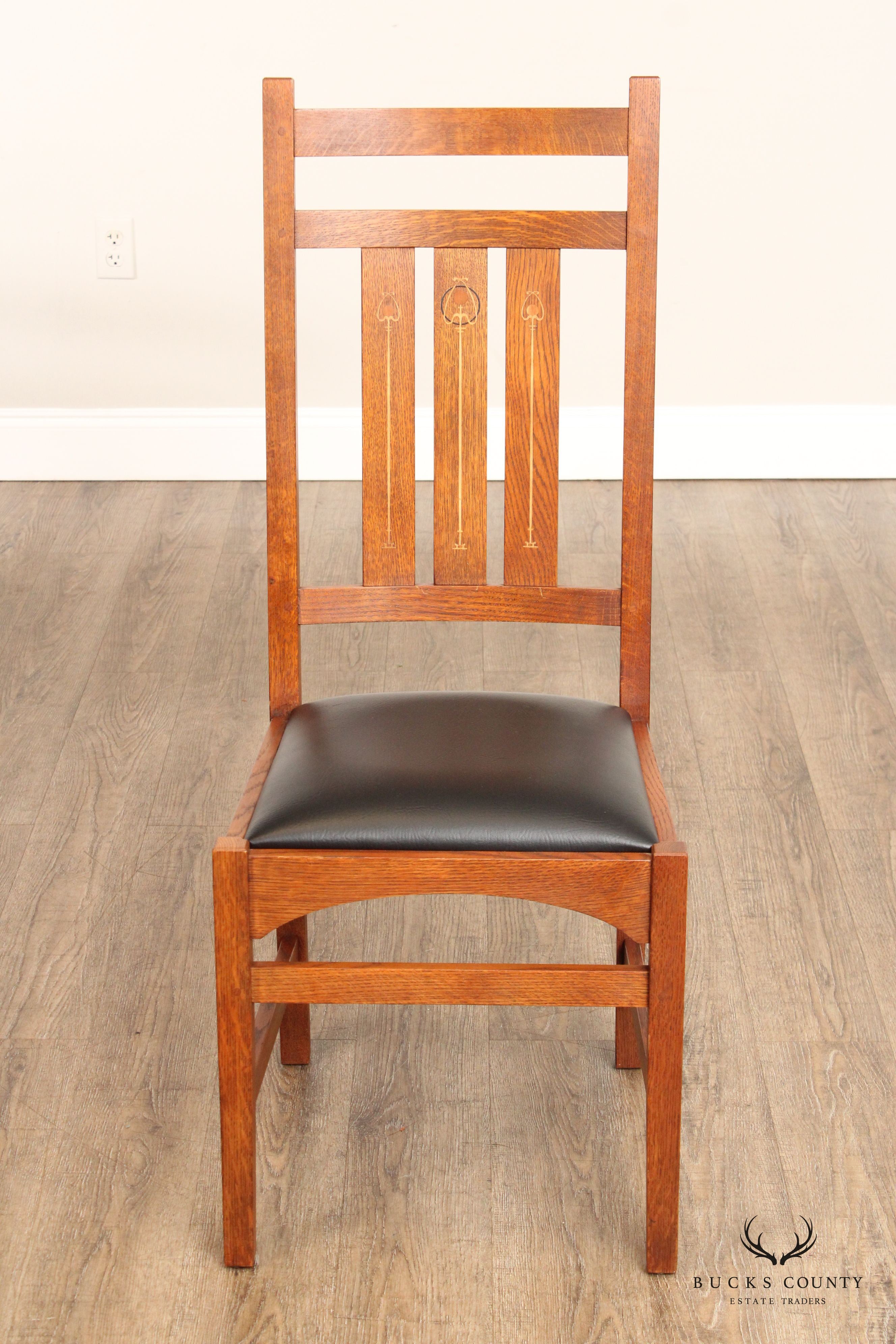 Stickley Mission Collection Harvey Ellis Set of Eight Inlaid Oak Dining Chairs