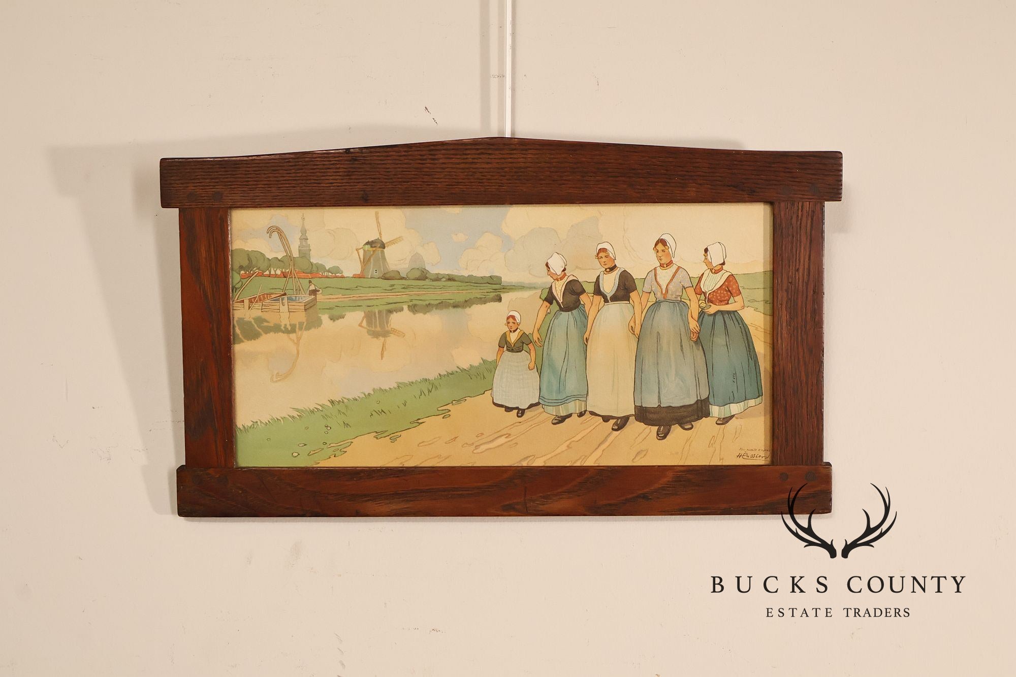 Henri Cassiers Dutch Village Scene Print in Arts & Crafts Oak Frame