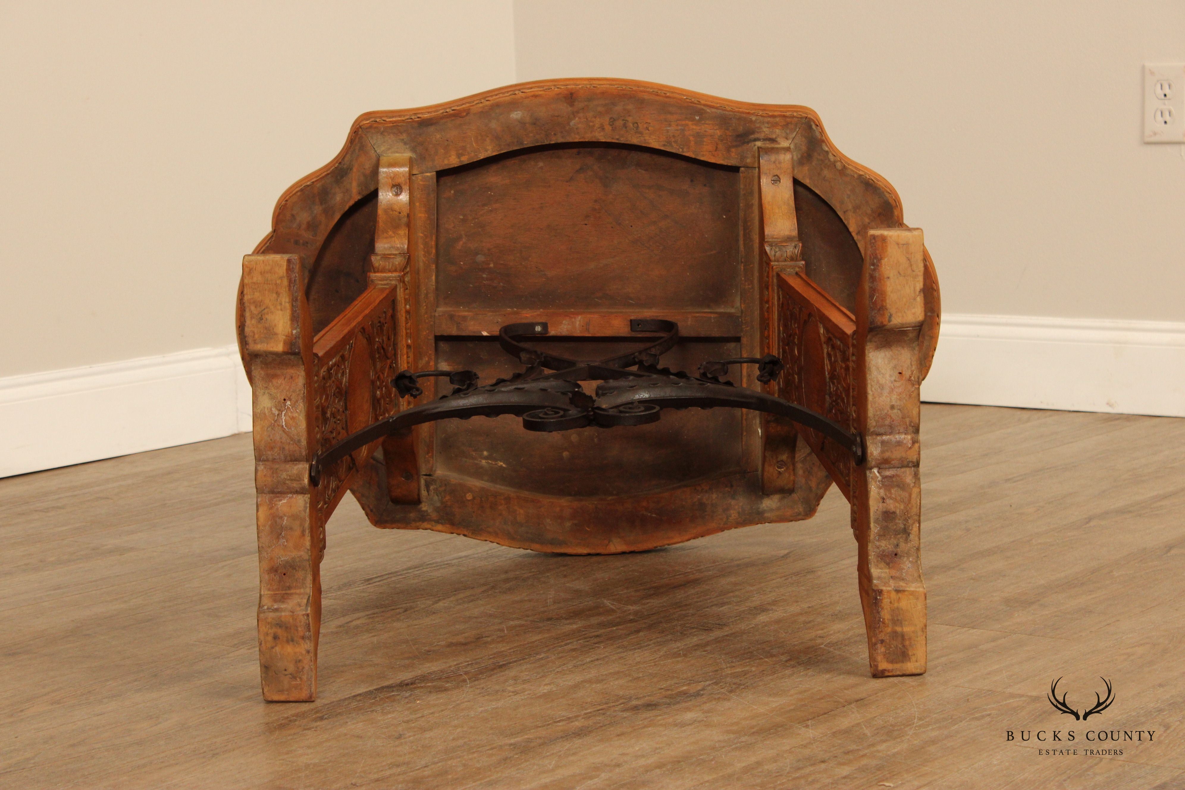 Antique Spanish Revival Carved Oak And Forged Iron Trestle Side Table