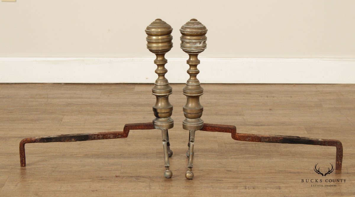 Antique Pair Federal Style Brass Andirons