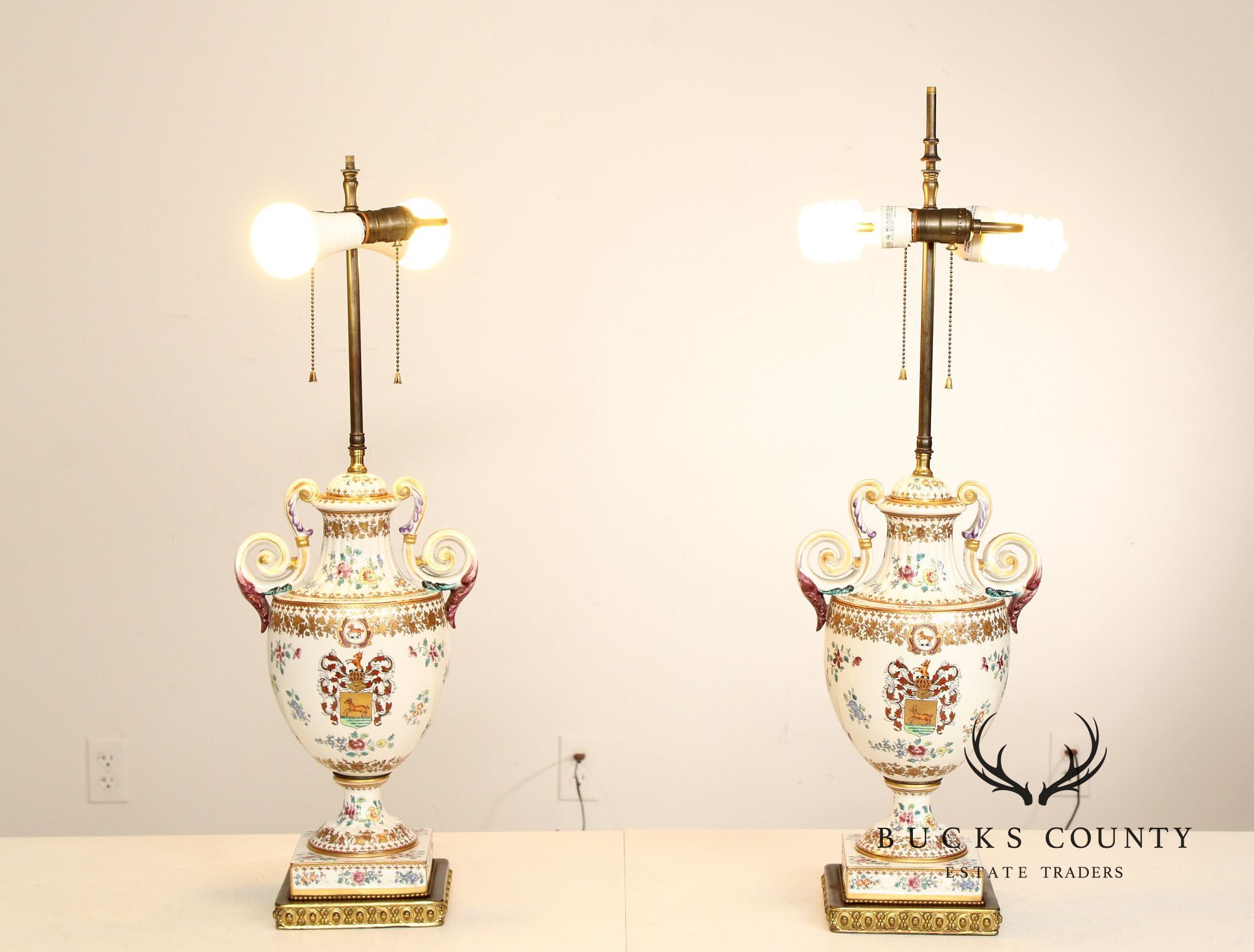 Vintage Pair of Painted Porcelain Table Lamps