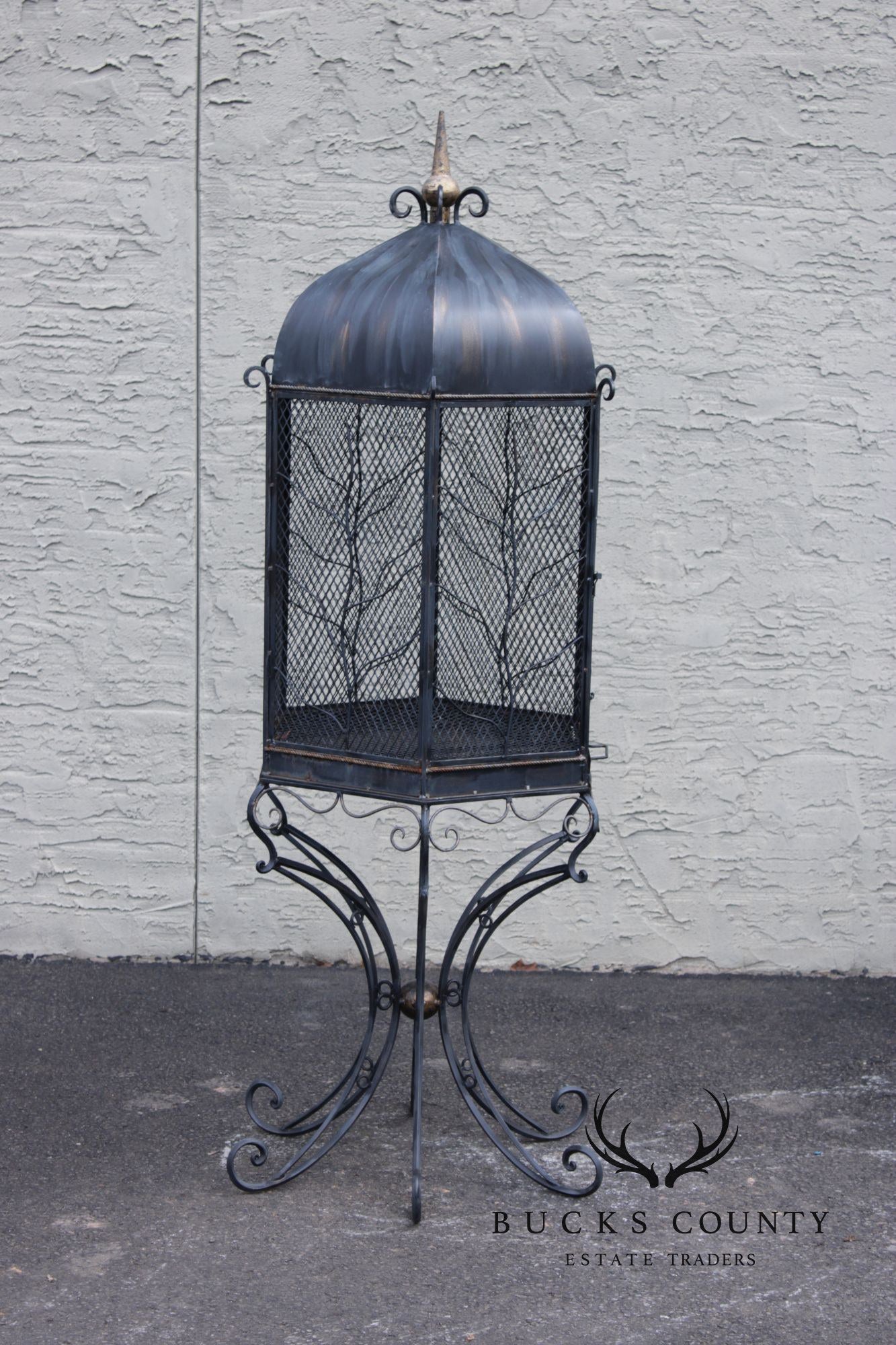 Vintage Wrought Iron Garden Bird Cage On Stand