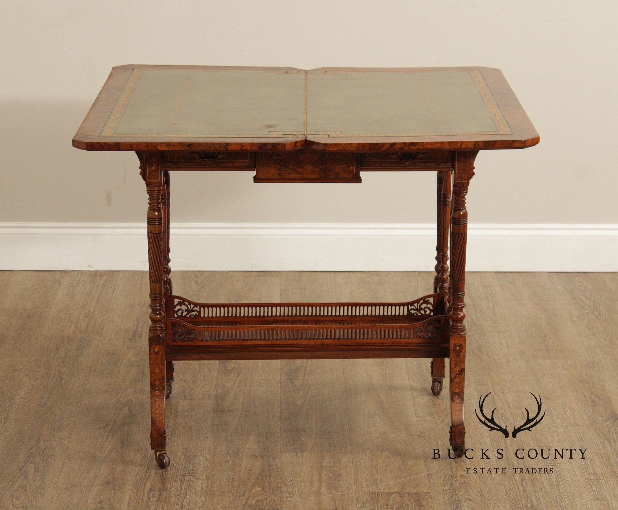 Antique English Burl Walnut Inlaid Games Table