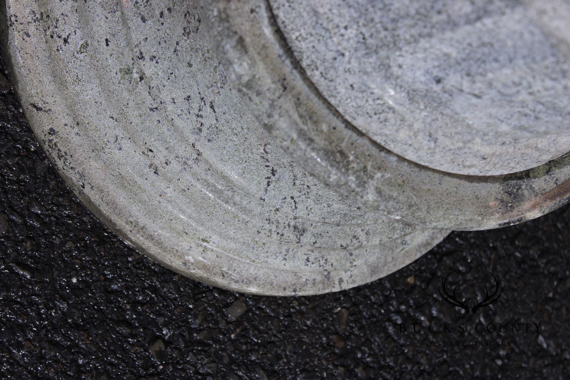 Vintage Pair Of Carved Granite Three-Piece Garden Urns On Pedestals