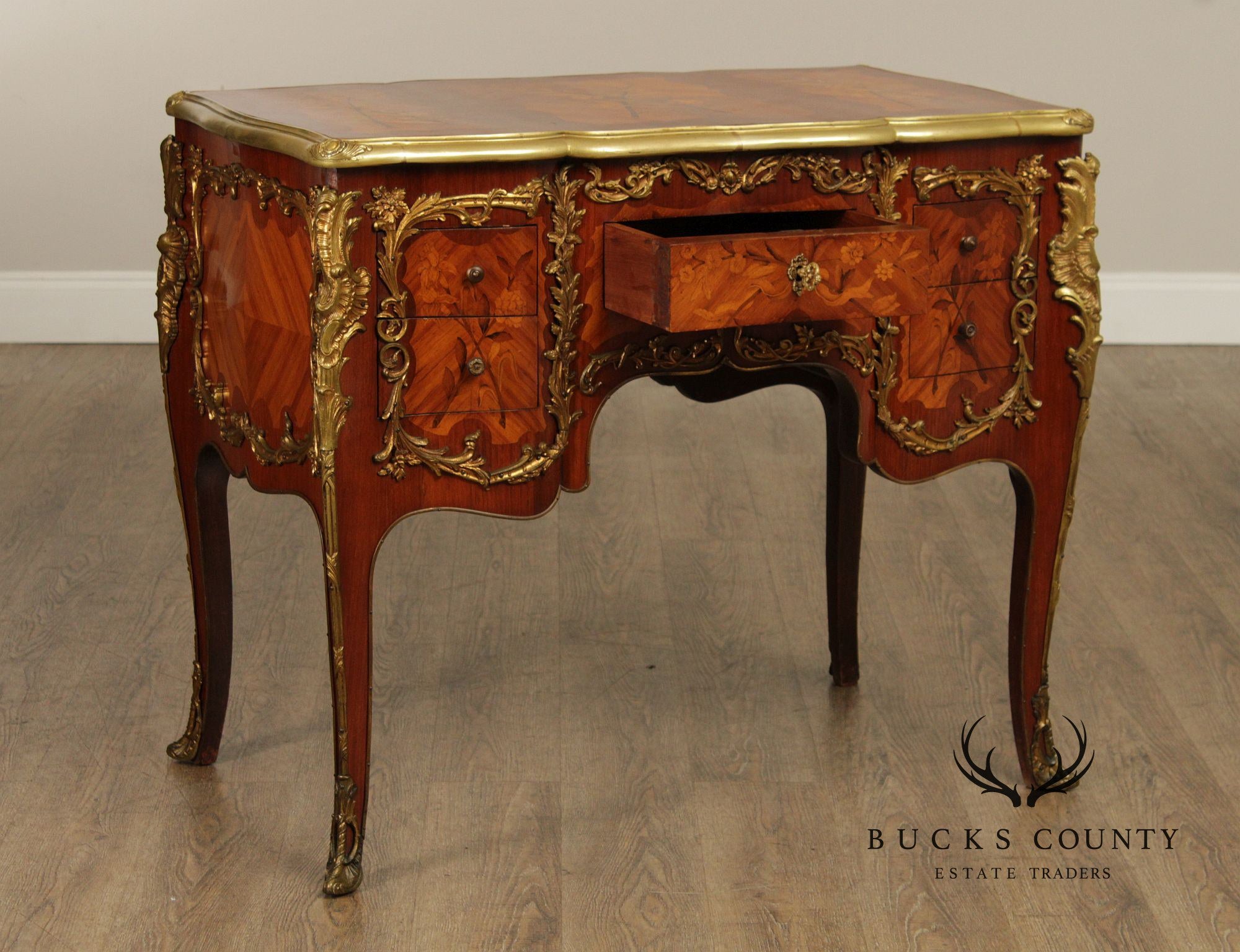 French Louis XV Style Marquetry Inlaid Bronze Mounted Knee Hole Desk