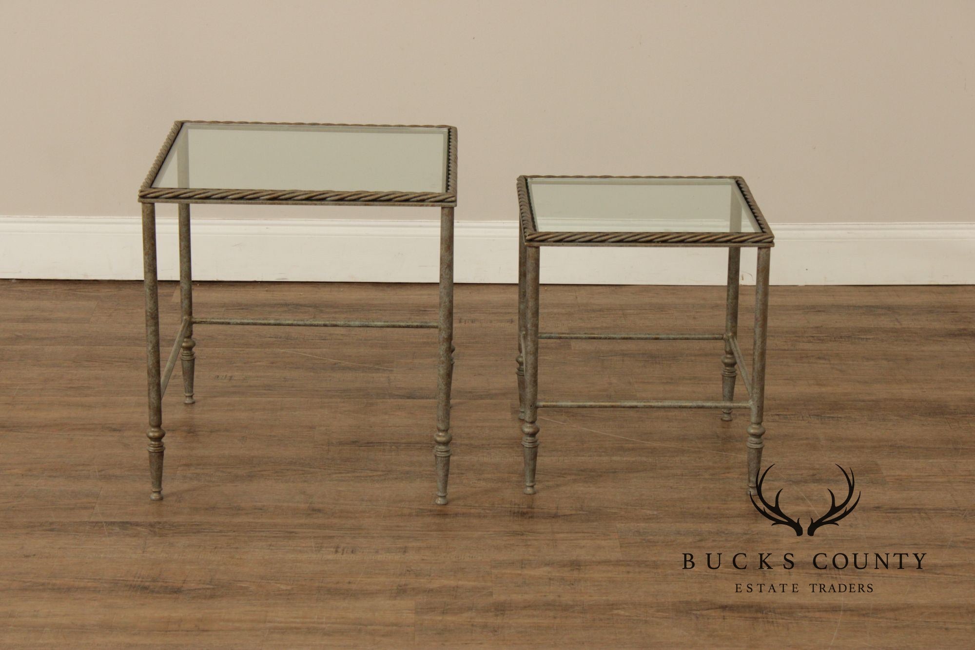 Vintage Pair of Iron Glass Top Nesting Tables