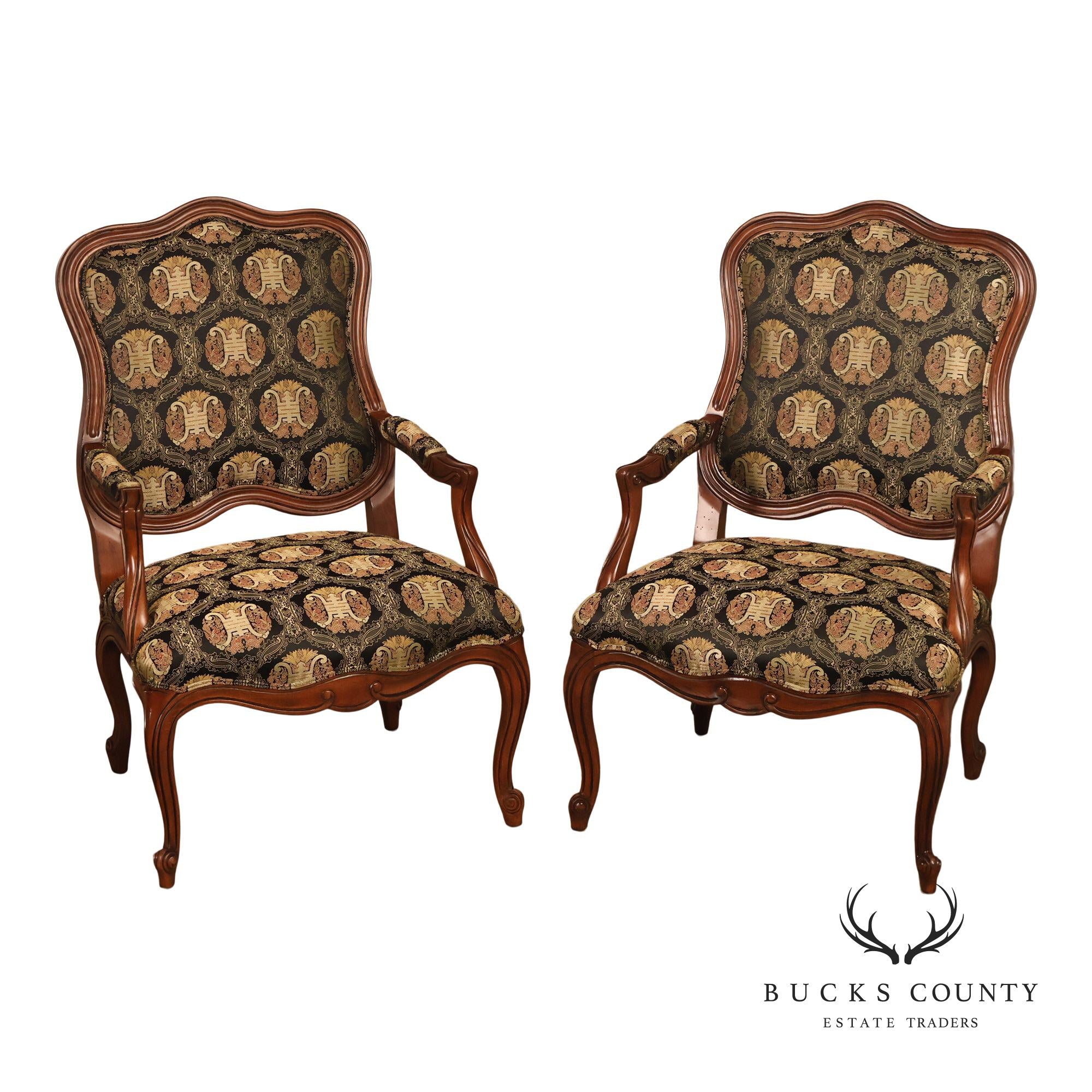 Ethan Allen French Louis XV Style Pair of Fauteuil Armchairs