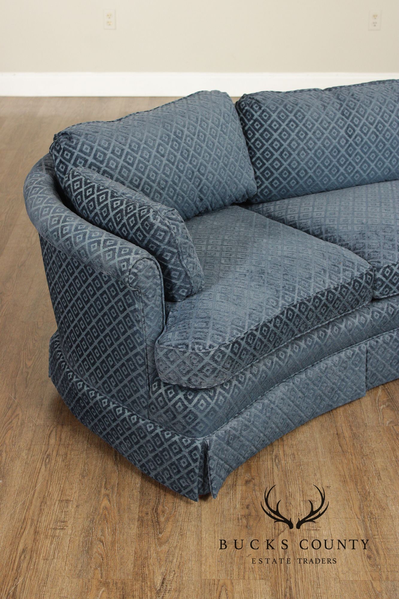 Custom Upholstered Blue Diamond Pattern Curved Loveseat