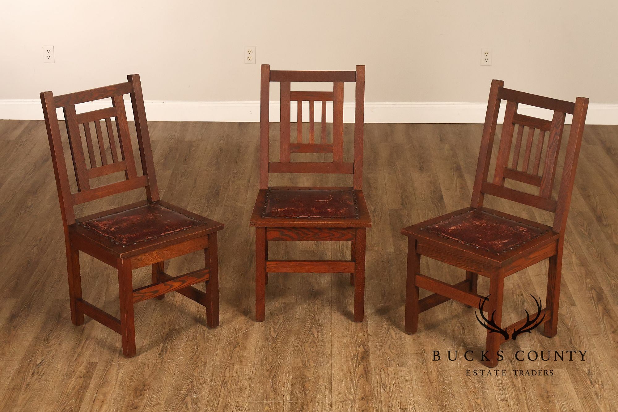 Antique American Arts & Crafts Mission Set Of 3 Oak Side Chairs