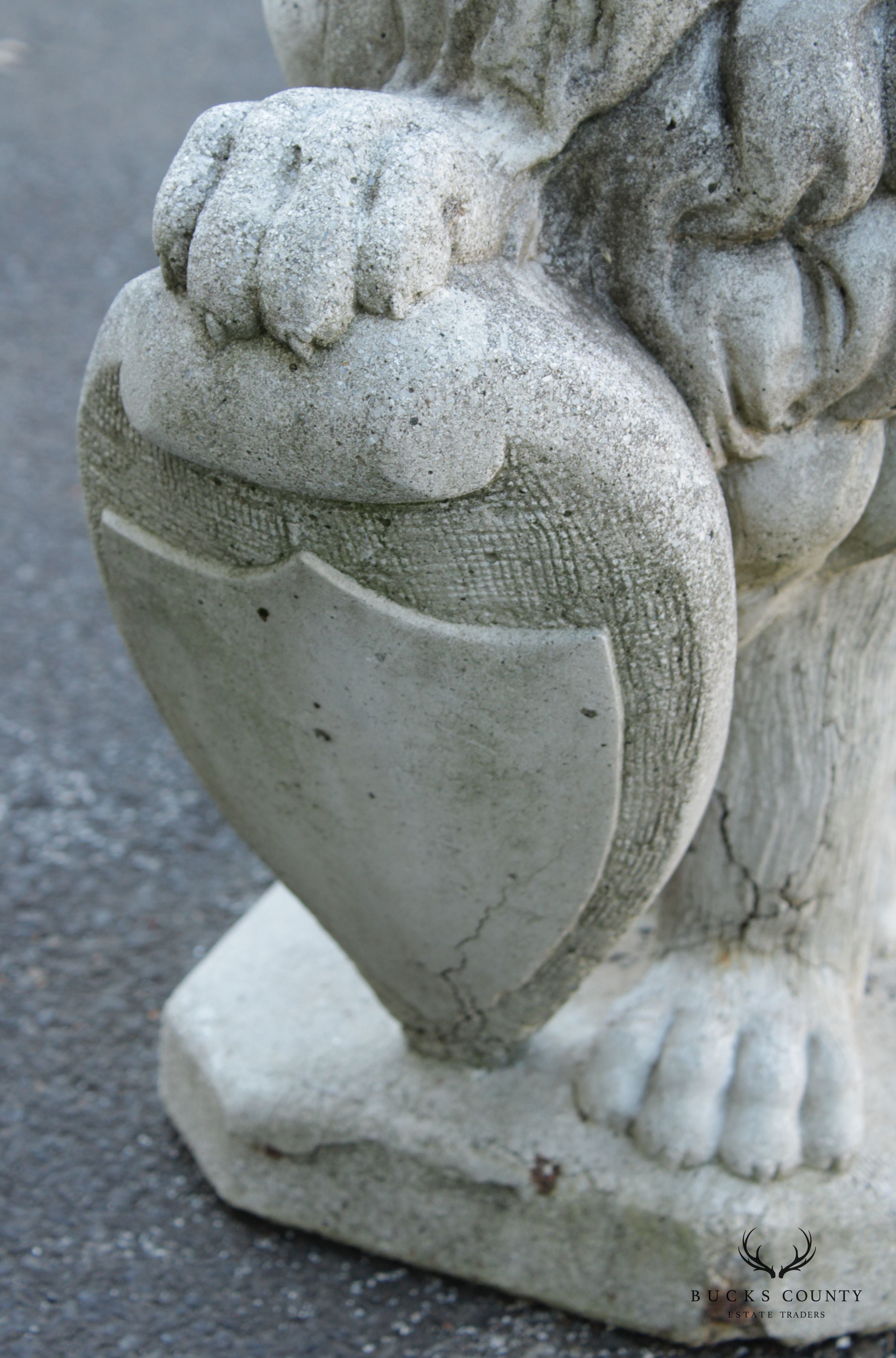 Vintage Cast Stone Lion with Shield Garden Statue
