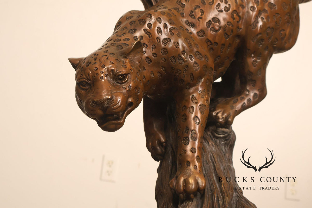 Large Bronze Leopard Sculpture On Tree Stump Base