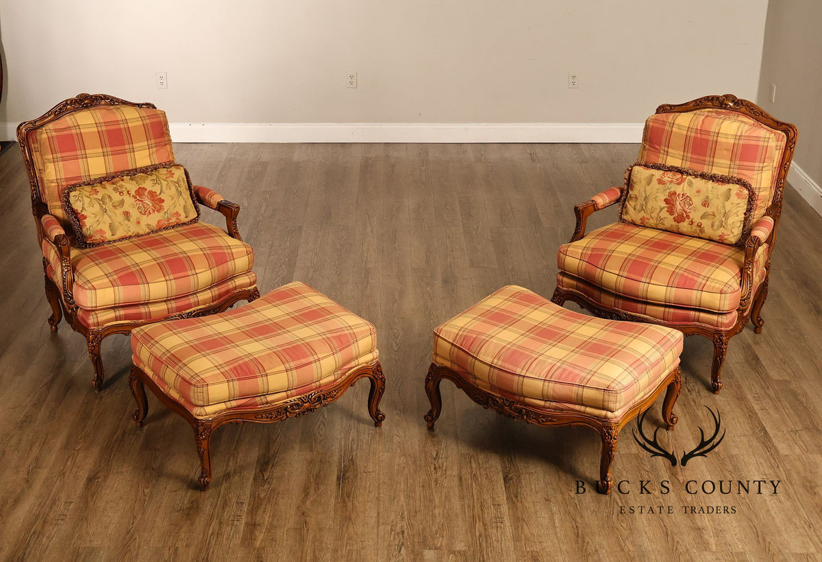 Sherrill Furniture French Louis XV Style Pair of Lounge Chairs with Ottomans