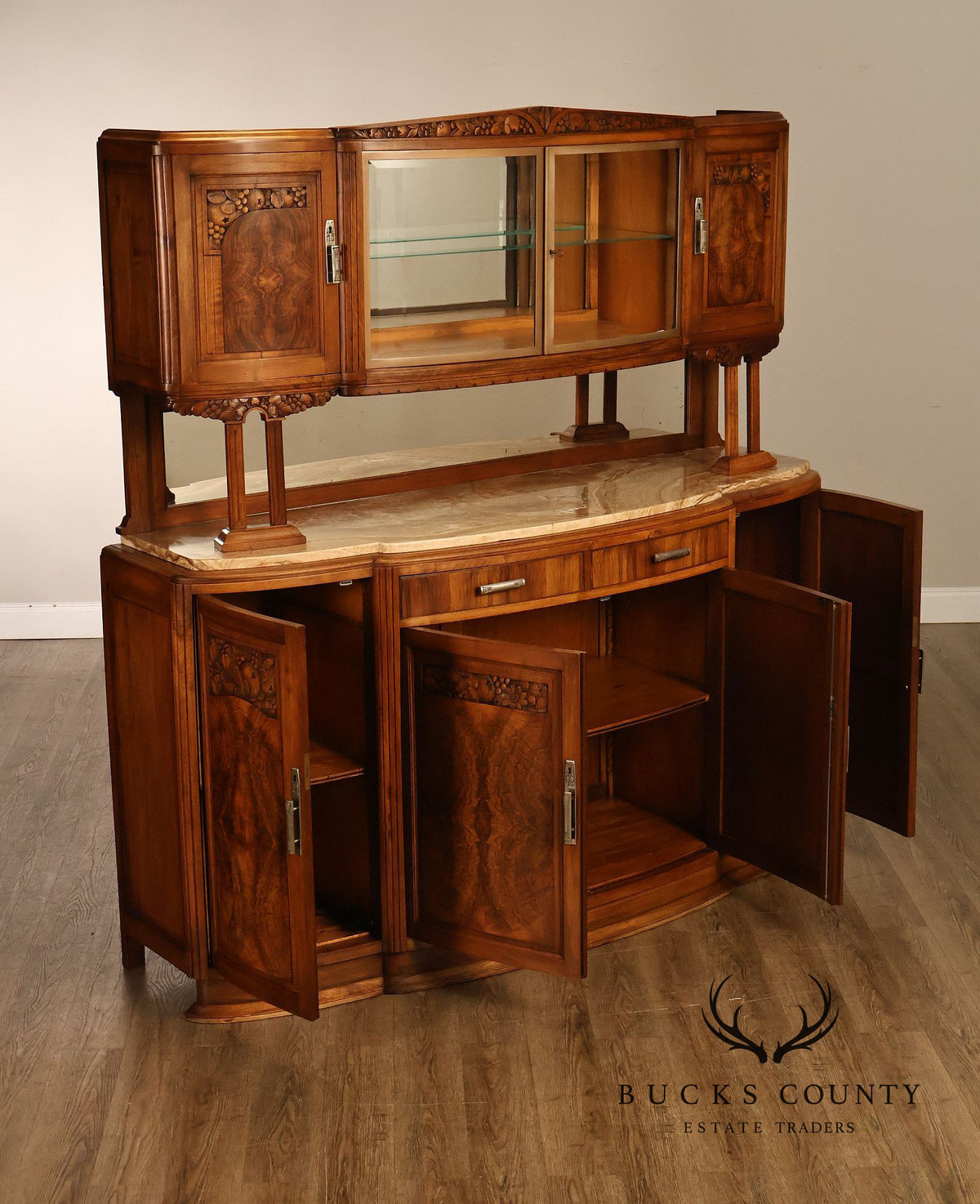 Antique European Art Deco Burl Walnut Marble Top Buffet With Art Nouveau Influence