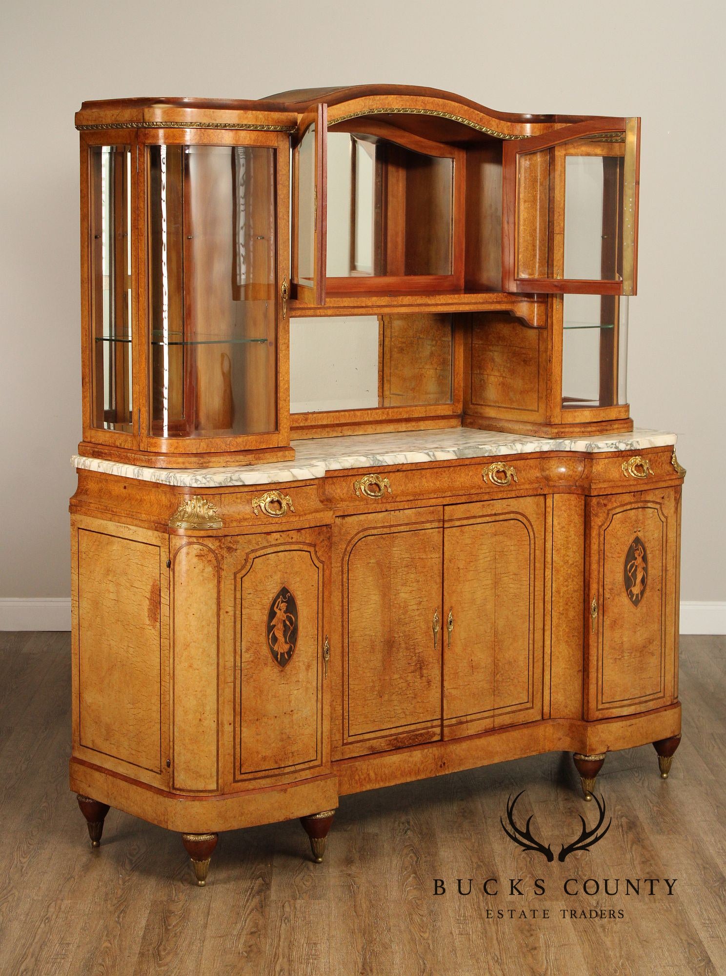 Antique French Louis XVI Style Burl Walnut Marble Top Buffet Hutch