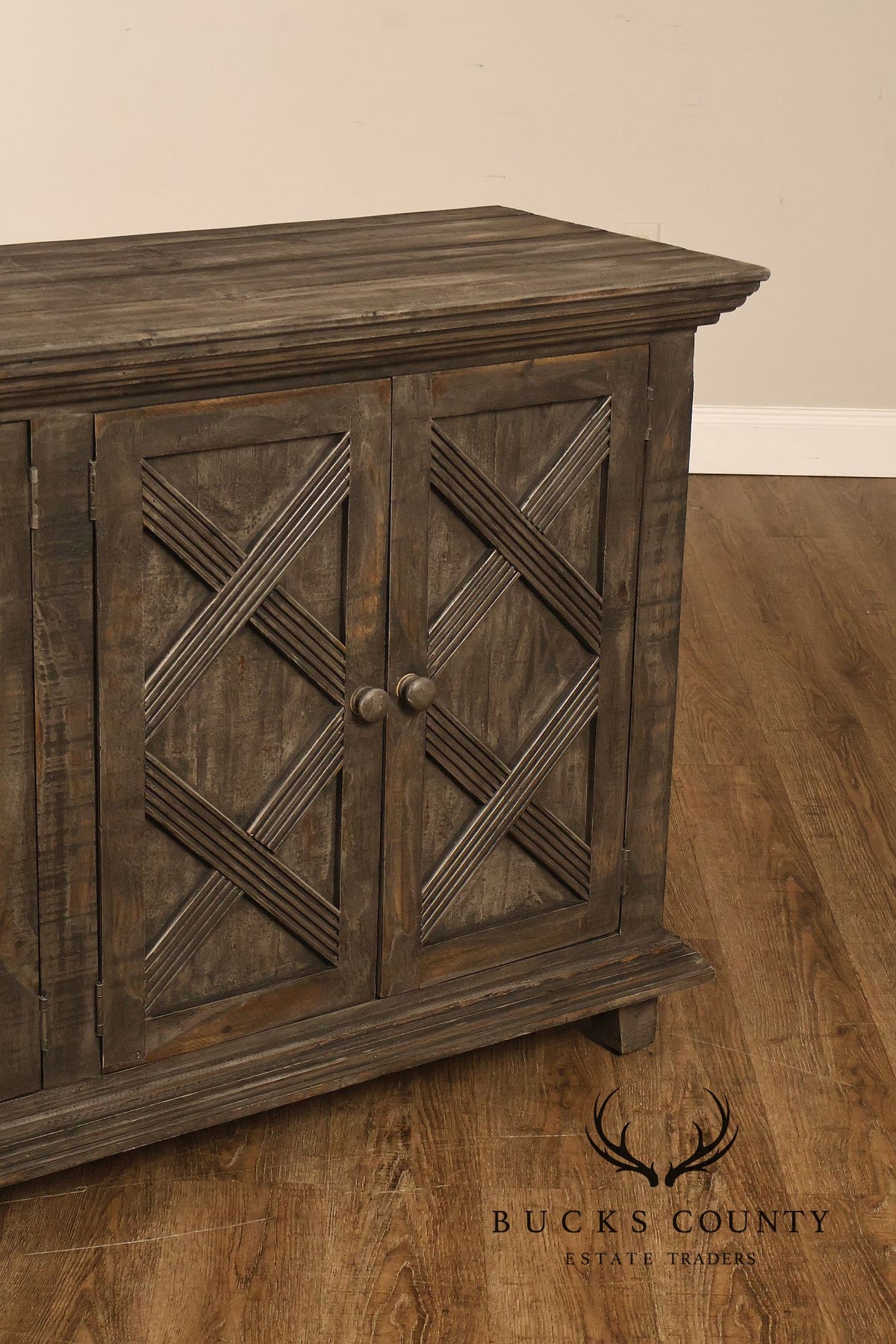 Rustic Gray Wood Four Door Lattice Design Sideboard