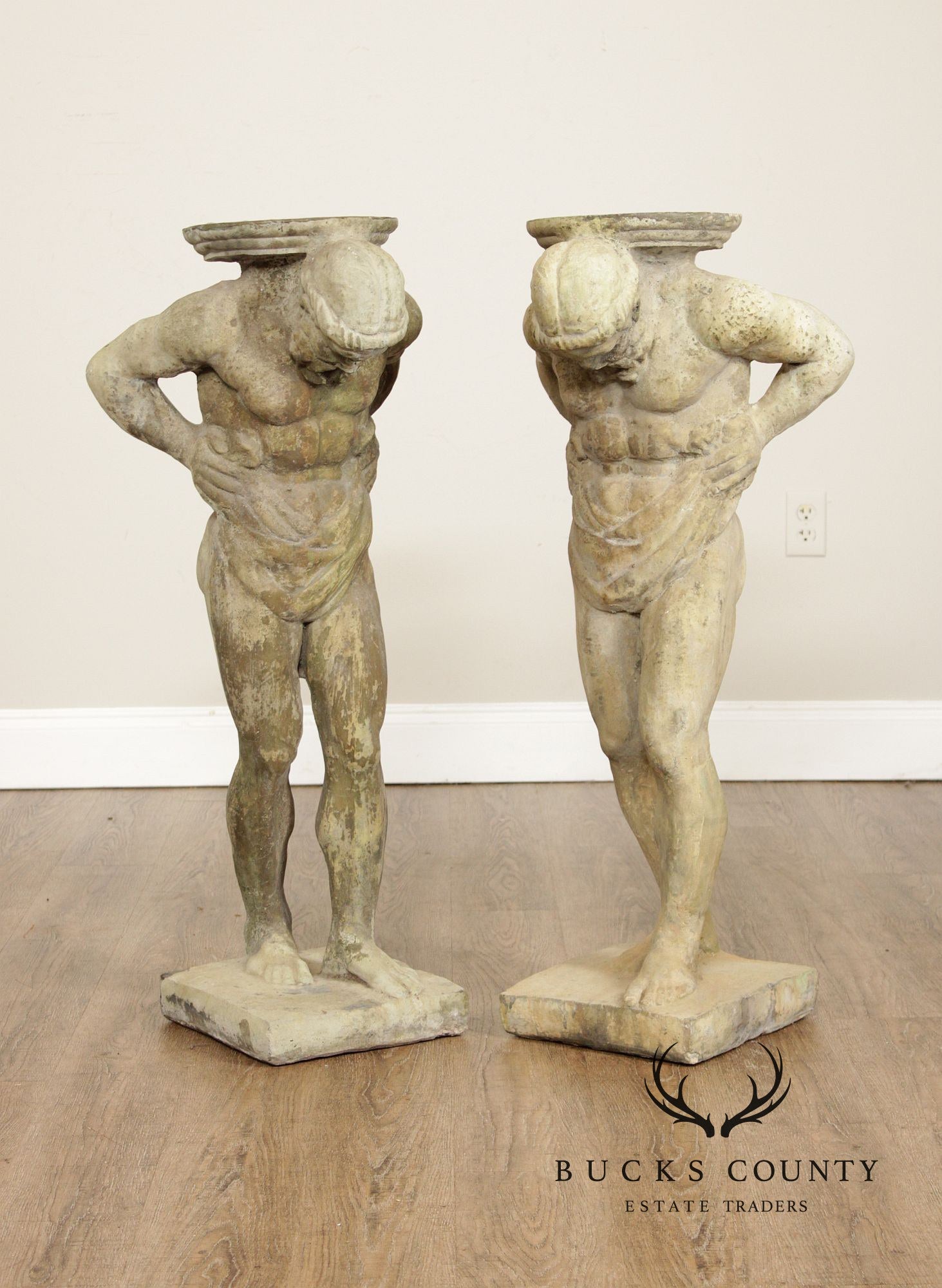 Cast Stone Vintage Pair Of 'Hercules' Figural Garden Statue Pedestals