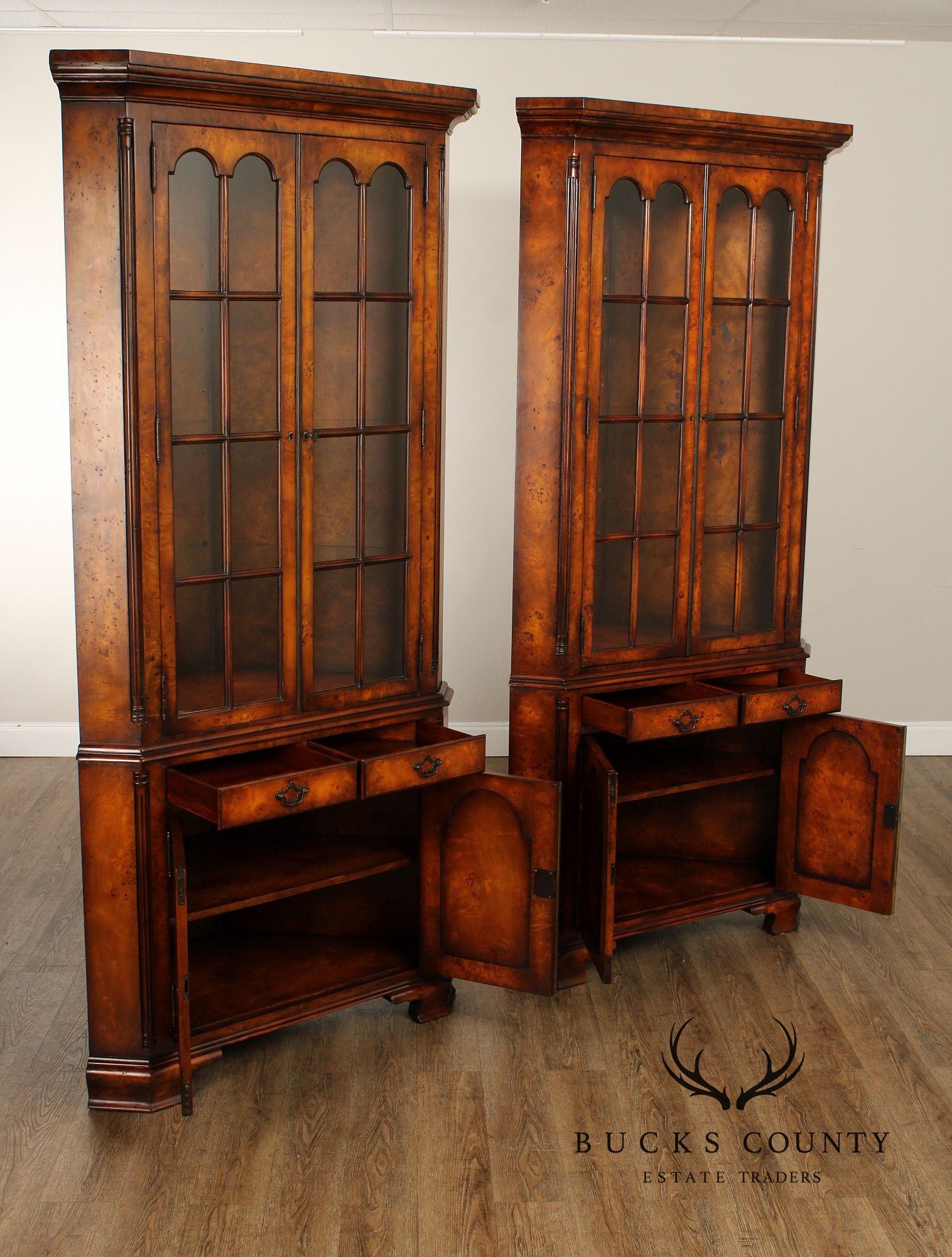 Theodore Alexander Georgian Style Pair of Burlwood Corner Cabinets