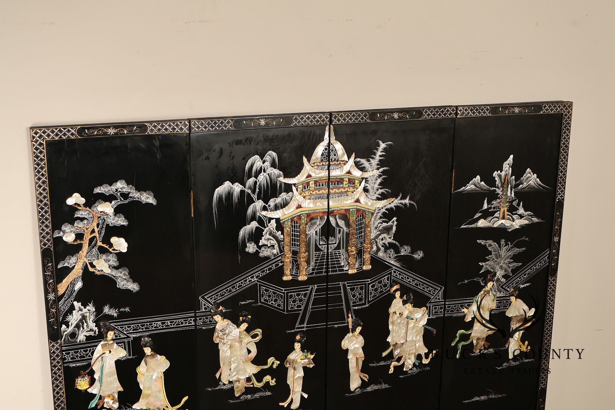 Asian Black Lacquer Vintage Pair Of Four Panel Folding Screens With Mother Of Pearl Inlay