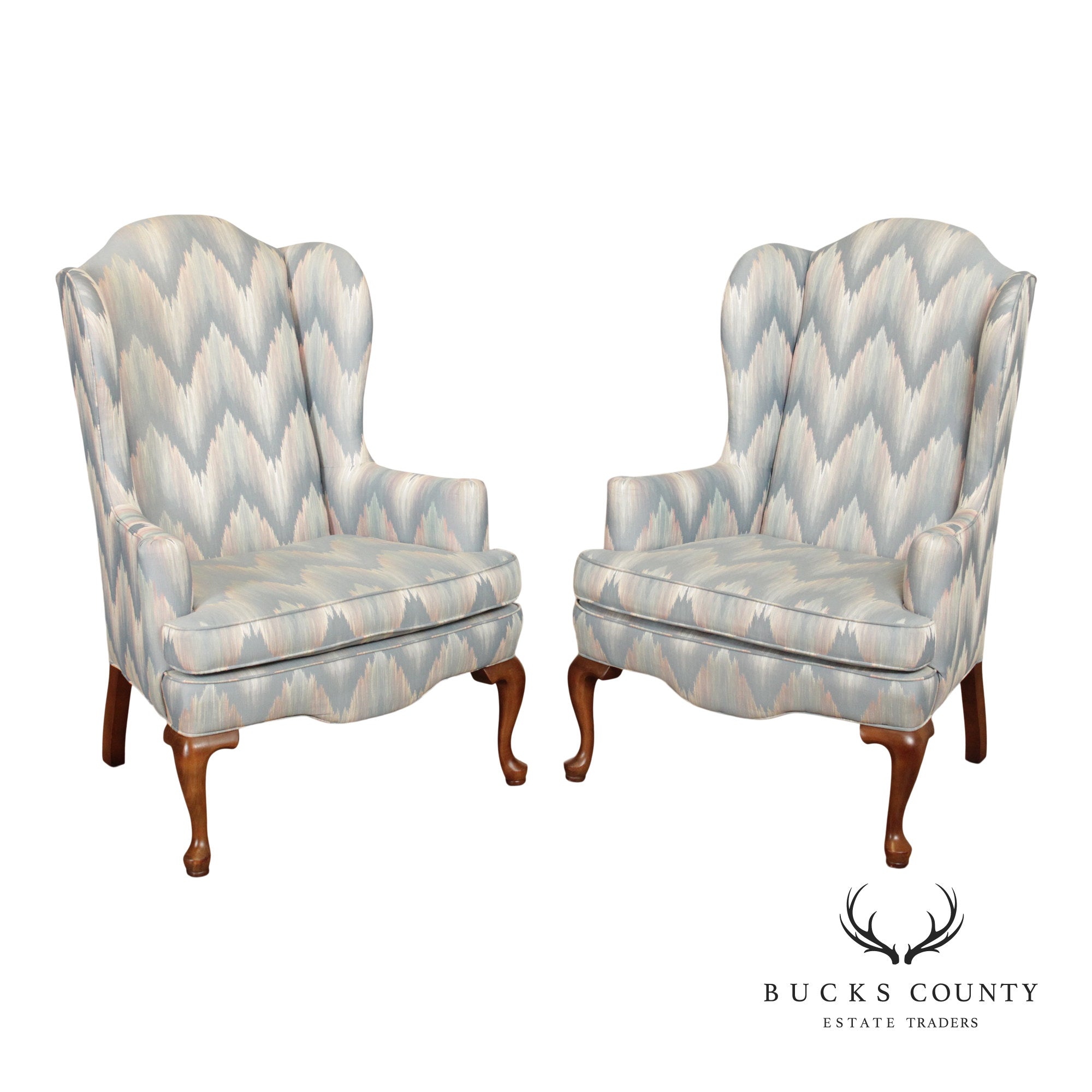 Ethan Allen Queen Anne Style Pair of Wingback Chairs