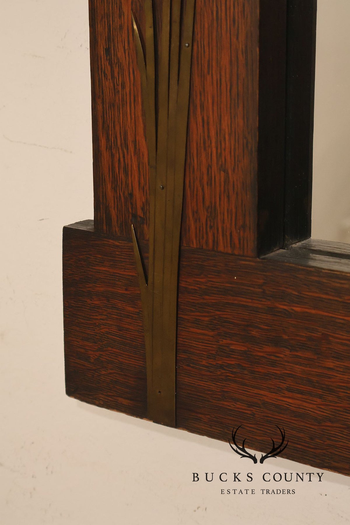 Arts And Crafts Mission Oak Mirror With Brass Cattail Decorative Mounts