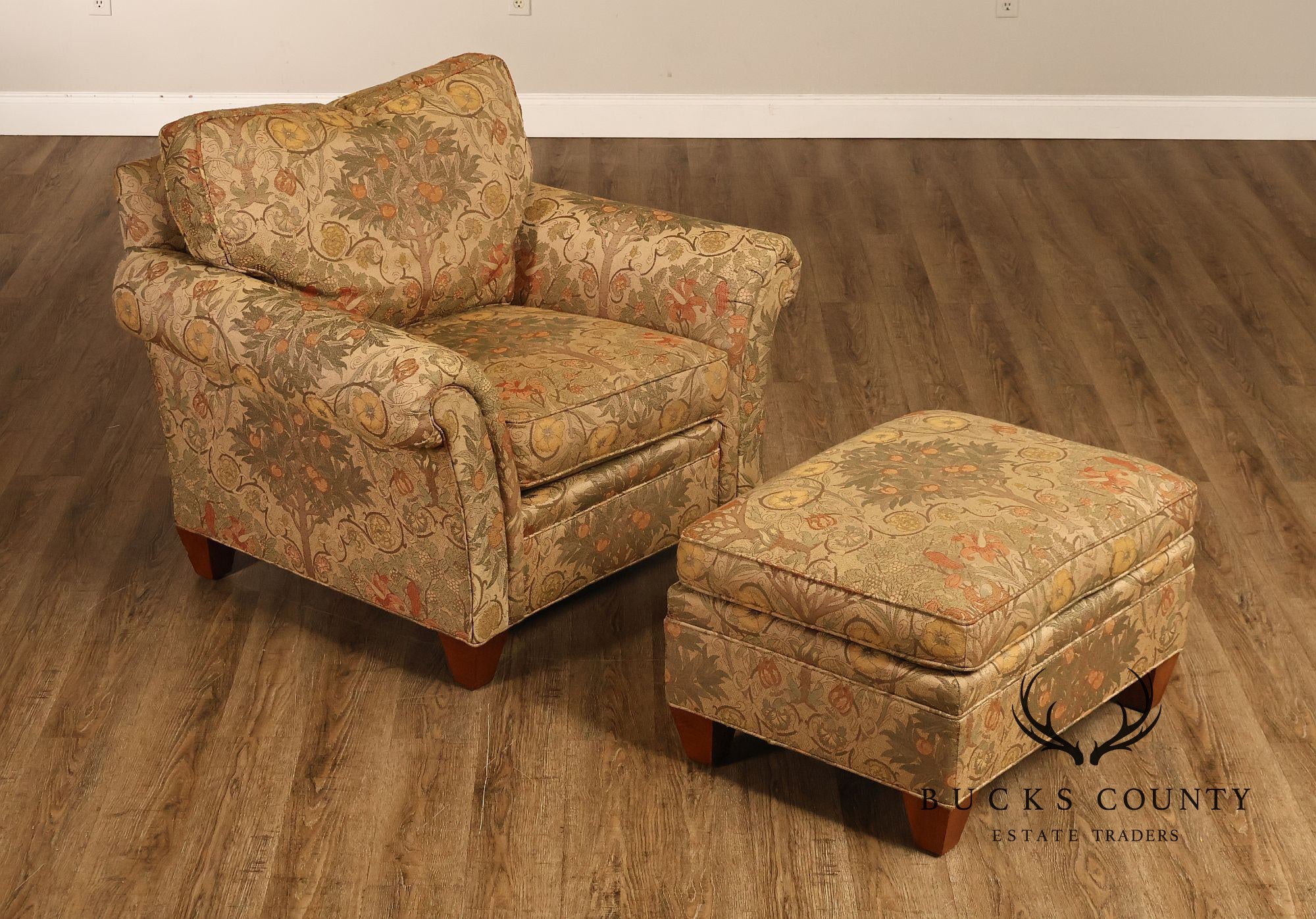 Stickley Tree of Life Upholstered Lounge Chair With Matching Ottoman
